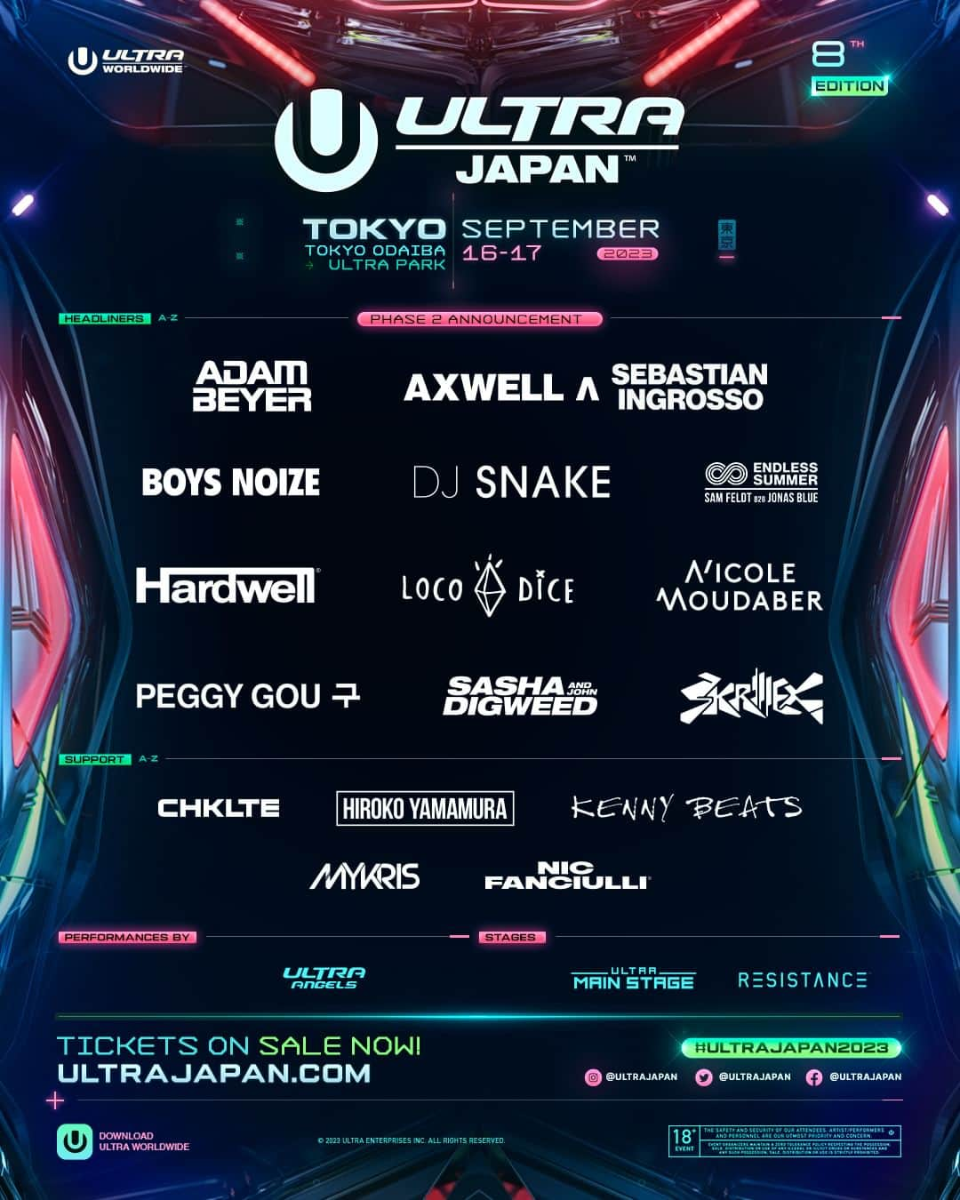 Ultra Japanのインスタグラム：「🙌ULTRA JAPAN 2023 2nd LINEUP発表🙌  一般チケット アドバンス先着先行 👉 @UltraJapan  1DAY TICKETS も発売開始‼️  The 2nd Lineup for the 2023 Edition of Ultra Japan has landed! Tickets are on sale now  👉 @UltraJapan   【2ND LINEUP】 Chklte ( @Chklte_ ) Hiroko Yamamura ( @hiroko__yamamura ) Kenny Beats ( @kennybeats ) Mykris ( @djmykris ) Nic Fanciulli ( @nicfanciulli )  【1ST LINEUP】 Adam Beyer ( @realadambeyer ) Axwell Λ Sebastian Ingrosso ( @axwell @sebastianingrosso ) Boys Noize ( @boysnoize ) DJ Snake ( @djsnake ) Endless Summer ( @jonasblue @samfeldt ) Hardwell ( @hardwell ) Loco Dice ( @locodiceofc ) Nicole Moudaber (@nicolemoudaber ) Peggy Gou ( @peggygou_ ) Sasha & John Digweed (@djjohndigweed @djsashaofficial ) Skrillex ( @skrillex )  #ultrajapan #ultrajapan2023 #ウルトラジャパン」