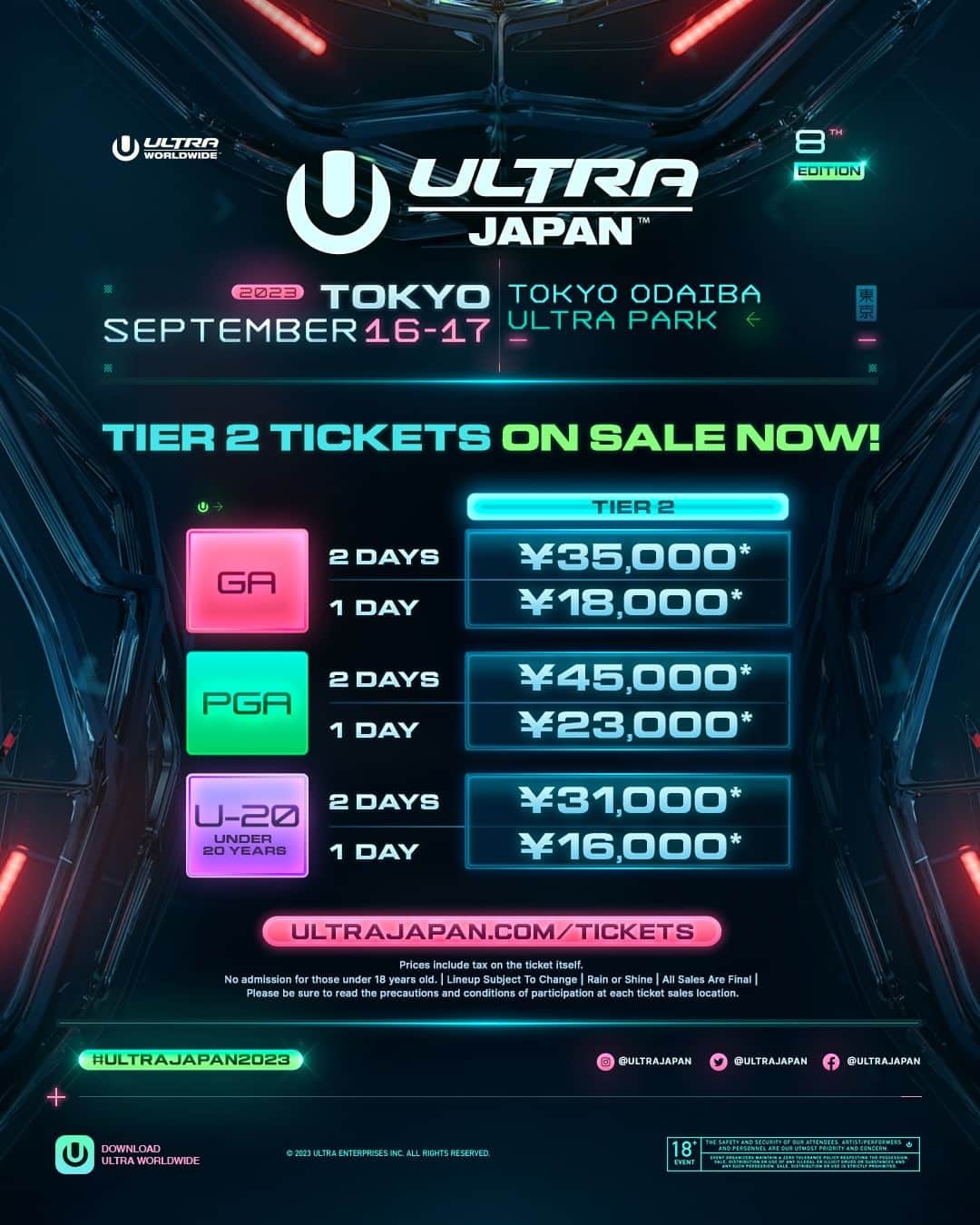 Ultra Japanのインスタグラム：「ULTRA JAPAN 2023  一般チケット アドバンス先着先行発売開始🎟️ チケットのお買い求めはプロフィールリンクから‼️💨 👉 @ultrajapan  1DAY TICKETS も販売開始‼️  ※各チケット販売先の注意事項、及び参加条件を必ずご確認ください📝🔍  #ultrajapan #ultrajapan2023 #ウルトラジャパン  ULTRA JAPAN 2023 🔥 General tickets now on sale! 🎟️  Get your tickets through the profile link below!‼️💨 👉 @ultrajapan  ※Please make sure to check the terms and conditions, as well as the participation requirements from each ticket vendor. 📝🔍」