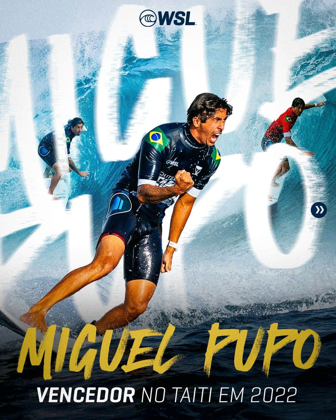 ミグエル・プッポのインスタグラム：「PARA A HISTÓRIA! 🤩 Em 2022, @miguelpuposurf teve uma campanha incrível para conquistar o título do #ShiseidoTahitiPro em um Teahupo'o clássico e conversou com a WSL Brasil sobre esse momento na sua carreira! 👏🌊🏄‍♂️  Quem aí também se emocionou com a vitória do Miggy ano passado? 🙋‍♂️ #WSLBrasil」