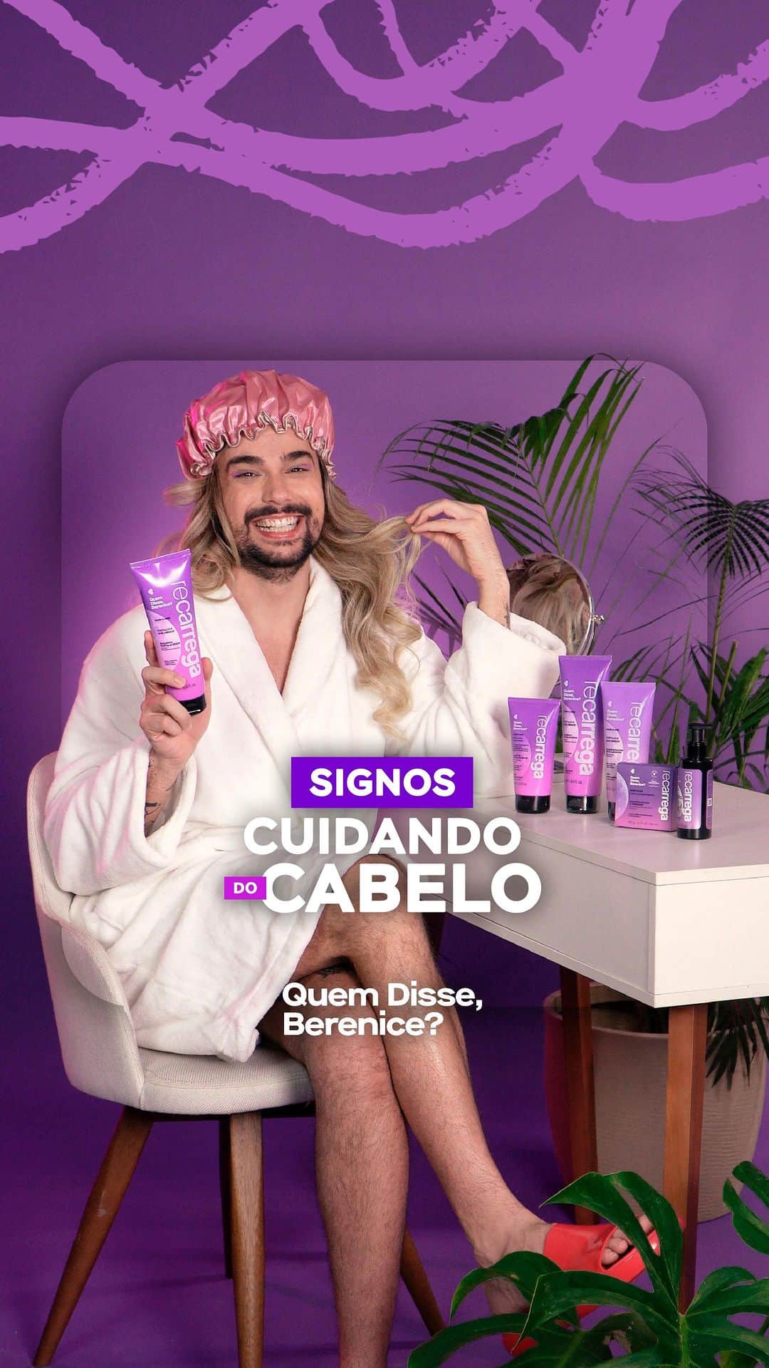 quem disse, berenice?のインスタグラム：「@vitordicastro vem pra mostrar como os signos cuidam do cabelo com a linha RECARREGA FIOS que garante restauração e hidratação para todos os tipos de fios.  Aproveita que os lançamentos estão com frete grátis e tem cupom especial nos stories. #RecarregaFios  #PraTodosVerem: o post é um vídeo do Vitor diCastro encenando como cada signo cuida do cabelo com a nova linha Recarrega Fios. Fim da descrição.」