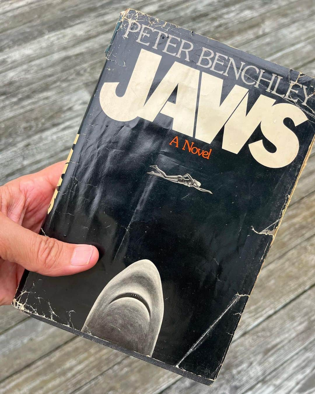 ジェイ・ハガリーのインスタグラム：「⛴️“The great fish moved silently through the night water, propelled by short sweeps of its crescent tail.” #firstedition #jaws」