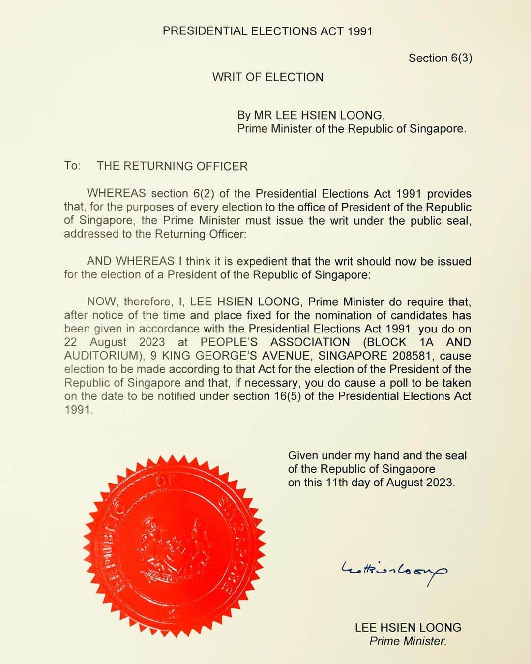 リー・シェンロンのインスタグラム：「Today, I issued the Writ of Election for the Presidential Election. Nomination Day will be on 22 August.   A few individuals have already declared their intention to run for the Presidency. The media have widely reported on them, and I’m sure we will hear more from the candidates themselves during the campaign period.   The President represents all Singaporeans, and stands as a symbol of our unity and aspirations. Listen to what each candidate has to say, and assess them and their views carefully. I hope everyone will vote wisely for the best candidate for this important role. – LHL」