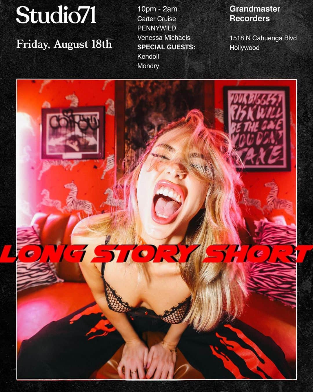 Carter Cruiseのインスタグラム：「NEXT FRIDAY! LOS ANGELES! @longstoryshortparty is back with a fire b3b & some very special guests @kendollmusik & @mondry.music 💃🏼🪩🕺   there’s a handful of free before 11 RSVPs left so snag em while you can or get tickets >>>> @longstoryshortparty」