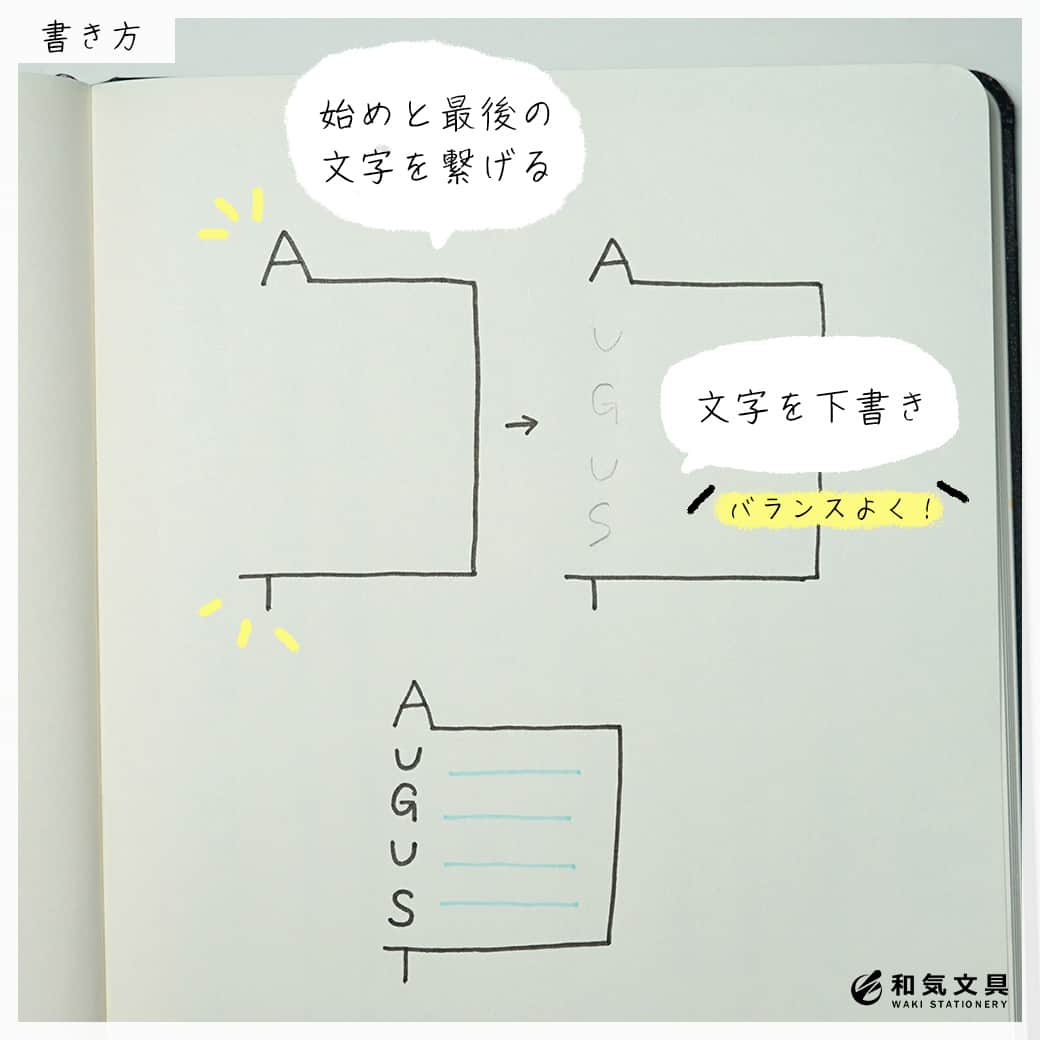 文房具の和気文具さんのインスタグラム写真 - (文房具の和気文具Instagram)「こんにちは！和気文具です😇 . 今回は文字と線を繋げてクセのあるデザインを考えてみました！👻 文字の書き始まりと終わりを線で繋げたり、文字の中にある直線を使ってみたりとひとクセあるアレンジです🐄 . ⚠️書き方のポイント ☑️縦・横という進行方向になるので斜めにならないように気をつけましょう♪ ☑️文字の線を繋げるので、場合によっては文字が読みづらくなってしまうことも...⚡️時には少し隙間を空けるなどして、分かりやすくなるようにしてみて下さいね👌 . 難しいかも...という時には文字を少なくすると書きやすくなります！(画像7枚目) シンプルに書きたいけど、アレンジも加えたい！という箇所に使ってみて下さいね🤩 . 他の使い方はyoutubeにも掲載しています 「和気文具チャンネル」で検索してね🥰 . ここまでご覧いただきありがとうございました！ .  #大人可愛い #手帳 #文具 #手帳 #文具好き #文具好きな人と繋がりたい #文房具屋 #文具女子 #文具の使い方 #文具時間 #文具タイム #文具生活 #手帳好きさんと繋がりたい #文具ゆる友 #和気文具」8月11日 11時45分 - wakibungu