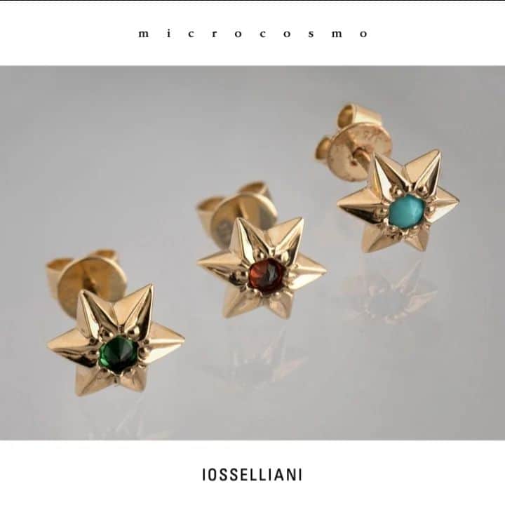 イオッセリアーニのインスタグラム：「Falling stars in 9k with turquoise, garnet or tsavorite. #iossellianimicrocosmo #iossellianifinejewellery #gold #goldpierce #goldjewellery #tsavorite #turquoisejewelry #garnetjewelry」
