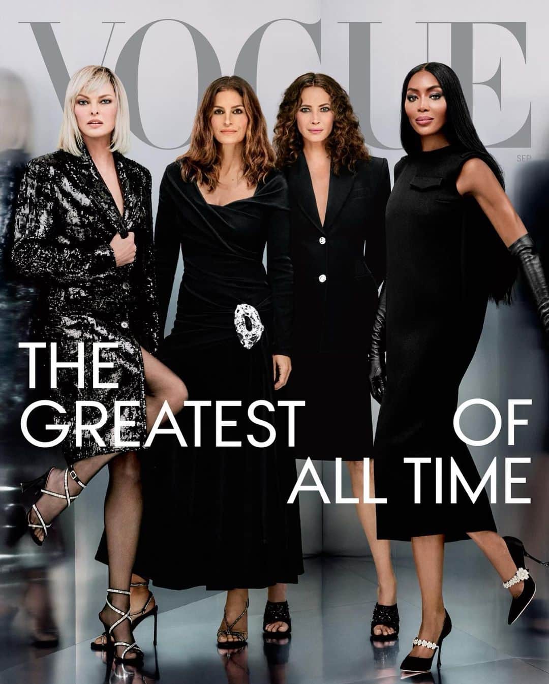 リンダ・エヴァンジェリスタのインスタグラム：「Reunited for this joyous moment with Cindy, Christy and Naomi on the cover of September Vogue. ♥️♥️♥️   @cindycrawford @cturlington  @naomi   Thank you to Anna, Edward and the entire team!   Vogue// @voguemagazine Vogue UK// @britishvogue  Photographer: @rafaelpavarotti_ Writer: Sally Singer Fashion Editor: @edward_enninful Hair: @eugenesouleiman Makeup: @stephane_marais_official Talent Director: Sergio Kletnoy」