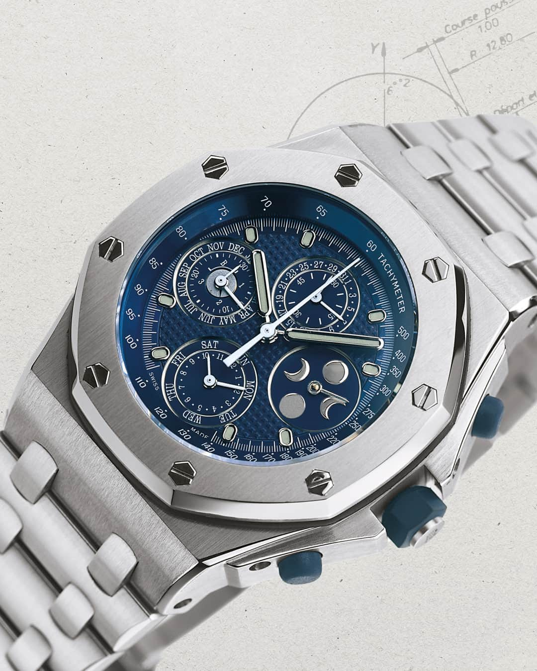 オーデマ・ピゲのインスタグラム：「When classic complications meet sporty design.  It all started in 1989 when Jacques Piguet suggested endowing the future “Offshore” with a chronograph, rupturing the traditional codes of the Royal Oak and bringing the Royal Oak Offshore to be equipped with a sporty-oriented complication.   In 1997, pursuing on the journey, the Royal Oak Offshore perpetual calendar made its grand appearance, followed by the time zones, and a three calendar indications - day, date and month, with Calibre 2127/2827.  Discover more now on AP Chronicles (link in bio).   #AudemarsPiguet #RoyalOakOffshore #APChronicles  997. Royal Oak Offshore Perpetual Calendar 25854ST (42 mm), No. 27.  Circa 1996. Royal Oak Offshore Complete Calendar 25808ST, No. 62.  1989. Royal Oak Offshore sketch.」