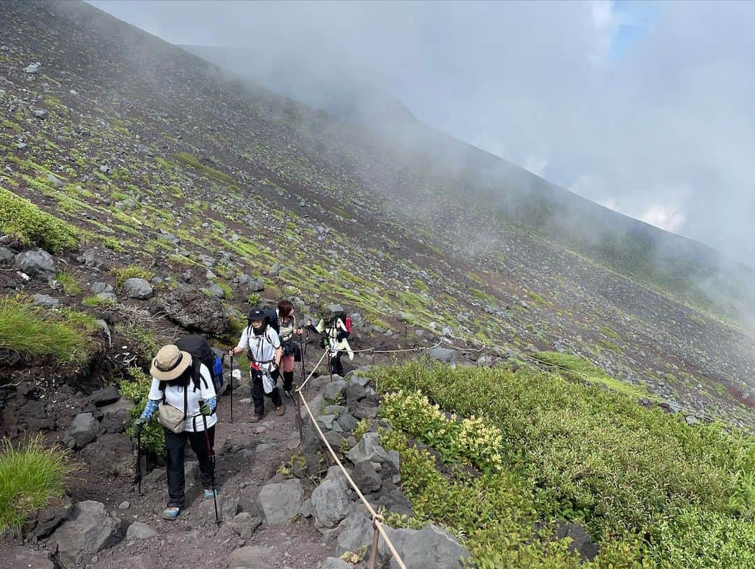 藤坂奈央さんのインスタグラム写真 - (藤坂奈央Instagram)「. 今日は山の日ですね⛰️ 先日会社のメンバーで初めて富士山に登ってきました！  一生に一度は登ってみたいと思っていた富士山🗻  想像していたより遥かにハード！！！ 酸素が薄いのがこんなに辛いなんて…😂 また山頂は風も強く耐えるのに必死でした。  色んな人からもらったアドバイスのおかげで メンバー全員高山病にもならず 無事に山頂で朝日を見ることができました🌅 休憩をたくさんとって身体を高地に慣らしながら ゆっくり登るのがポイントな気がします。  降りてきた時は辛かった〜って思ったけど こうして写真を見返すとそれも含めていい思い出☺️  #山の日 #富士登山」8月11日 22時52分 - naofujisaka_