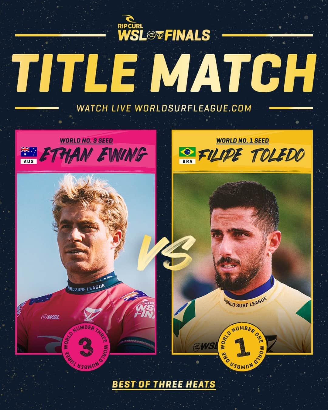 世界プロサーフィン連盟（WSL）のインスタグラム：「It all comes down to this. @ethan_ewing vs. @filipetoledo.⁣ First to win two heats wins the World Title. ⁣ Watch the #RipCurlWSLFinals LIVE on worldsurfleague.com.⁣ @ripcurl⁣」