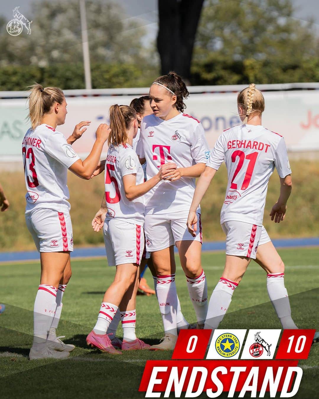 1.FCケルンのインスタグラム：「Souverän ins Achtelfinale des DFB-Pokals eingezogen! 🏆  Unsere #effzeh-Frauen haben mit 10:0 beim SFC Stern 1900 gewonnen! 🔴⚪️  Tickets für den Bundesligastart zu Hause gegen RB Leipzig gibt es im FC-Onlineshop! 🎟️」