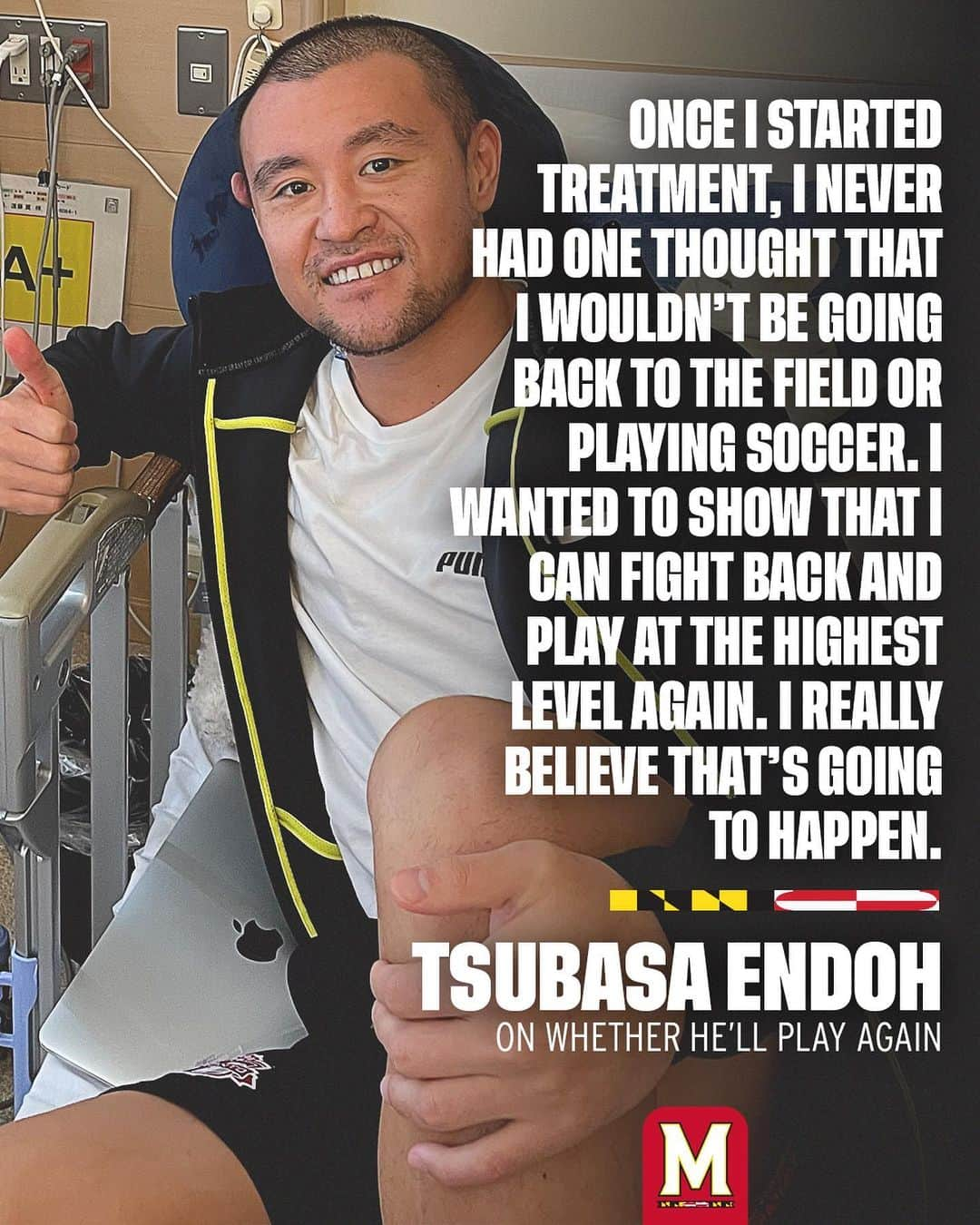 遠藤翼のインスタグラム：「An inspiration. Swipe to see @tsubasa_endoh back on the field for the first time after beating leukemia. He’s back ❤️  Read his story via the link in our bio」