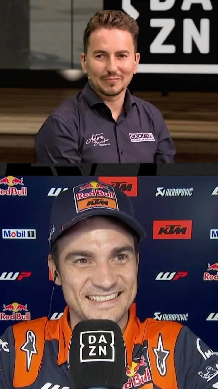 ダニ・ペドロサのインスタグラム：「Esto es una joya 😍 @jorgelorenzo99 a un lado, @26_danipedrosa al otro 🥰  Dos leyendas de nuestro motociclismo y solo palabras de admiración ❤️  #SanMarinoGP 🇸🇲 #MotoGP 🏁  #Pedrosa #DaniPedrosa #motor #motorsports #KTM #DAZN #JorgeLorenzo」