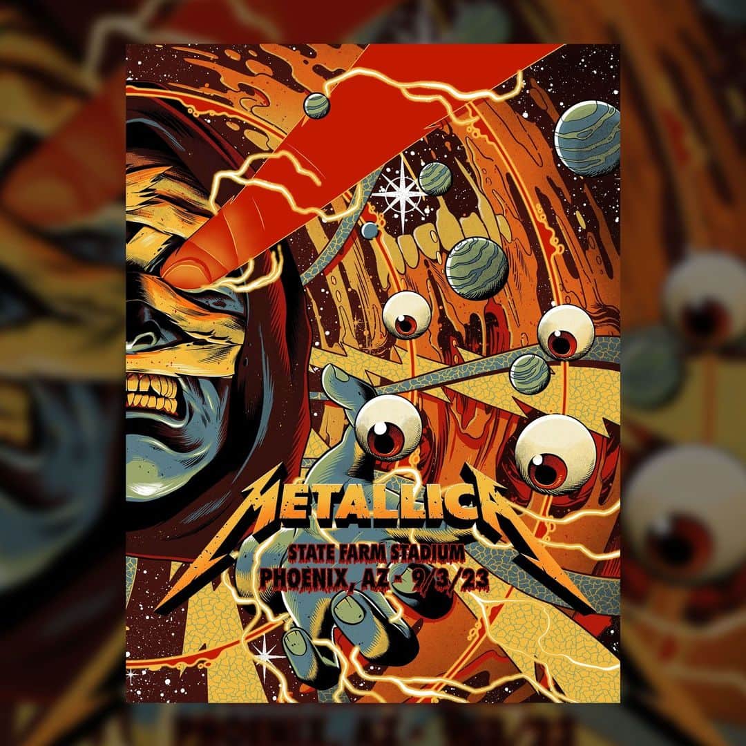 メタリカのインスタグラム：「🫠 TONIGHT IN PHOENIX 🫠 State Farm Stadium  After a brief delay, the #M72 World Tour “No Repeat Weekend(s)” continues from Phoenix with night two! We’ll take the stage after @5fdp and special guests @suicidaltendencies and pick up right where we left off last week.  If you’re coming to see us tonight, be sure to use #M72Phoenix to share your experience.  The official show poster (ok... it has the original date, but that just makes it more of a collectible, right?), created by @pedrocorrea84, will be available for purchase exclusively at the venue.  #Metallica #M72Phoenix #MetOnTour」