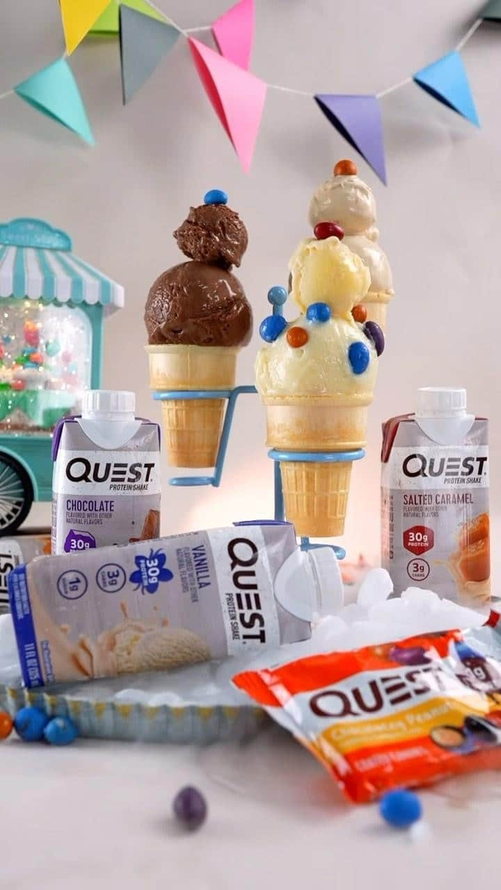 questnutritionのインスタグラム：「Let’s make Questified Ice Cream with Coated Candies Topping 💪🍬🍦  **Must have an ice cream maker like a Ninja CREAMi or similar**  Ingredients: 👉 3 Quest Shakes (1 each flavor: Chocolate, Vanilla, Salted Caramel) 🥛 👉 1 TBSP Chocolate Sugar-Free Pudding Mix 👉 1 TBSP Caramel Sugar-Free Pudding Mix 👉 1 TBSP Vanilla Sugar-Free Pudding Mix 👉 1 TBSP Unsweetened Cocoa Powder 👉 1 Quest™ Coated Candies 👉 3 TBSP Quest™ Vanilla Milkshake Protein Powder • #OnaQuest #QuestNutrition #QuestCandy #ninjacreami」