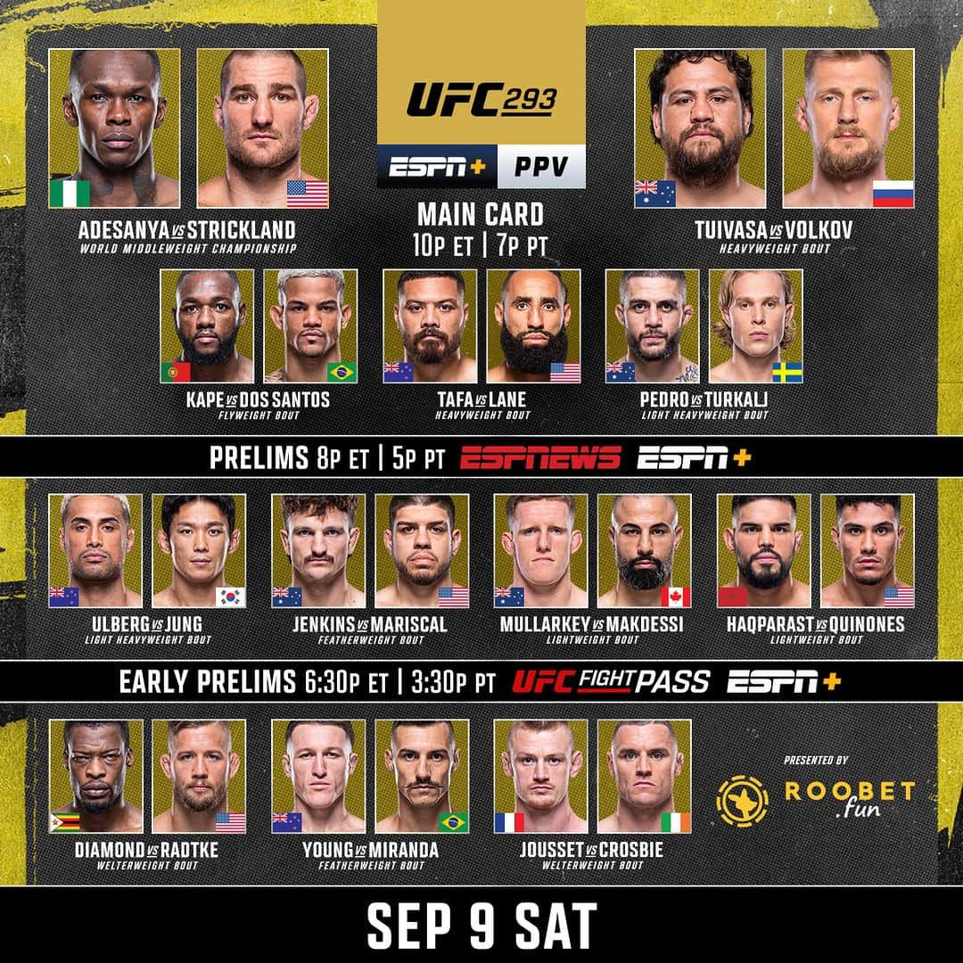 UFCさんのインスタグラム写真 - (UFCInstagram)「Get a load of tonight's FULL #UFC293 lineup 🤩  [ B2YB Roobet.fun ]」9月10日 1時26分 - ufc