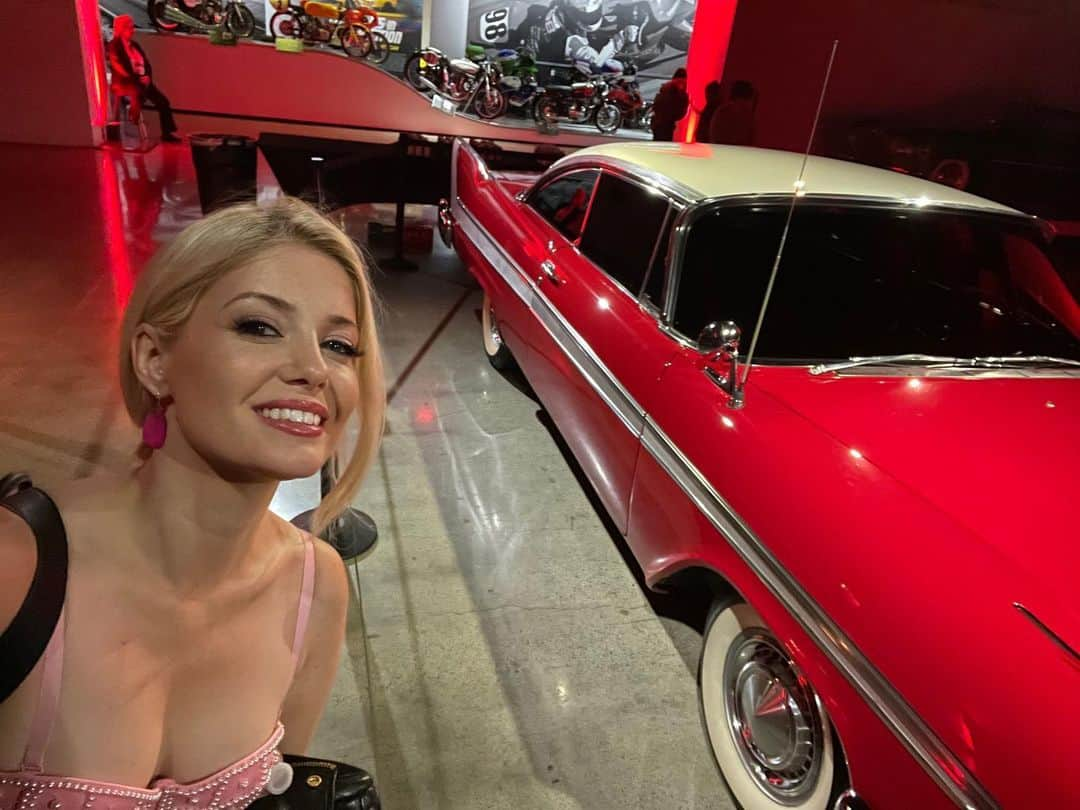 Charlotte Stokelyのインスタグラム：「Last night I went to the @petersenmuseum to commemorate the 40th Anniversary of ‘Christine’ directed by John Carpenter! There were 26 existing Christine’s and all but one were ruined in the making of the film. I’m pictured next to the last remaining Christine, she lives! This '58 Plymouth Fury is a real beauty! 😍」