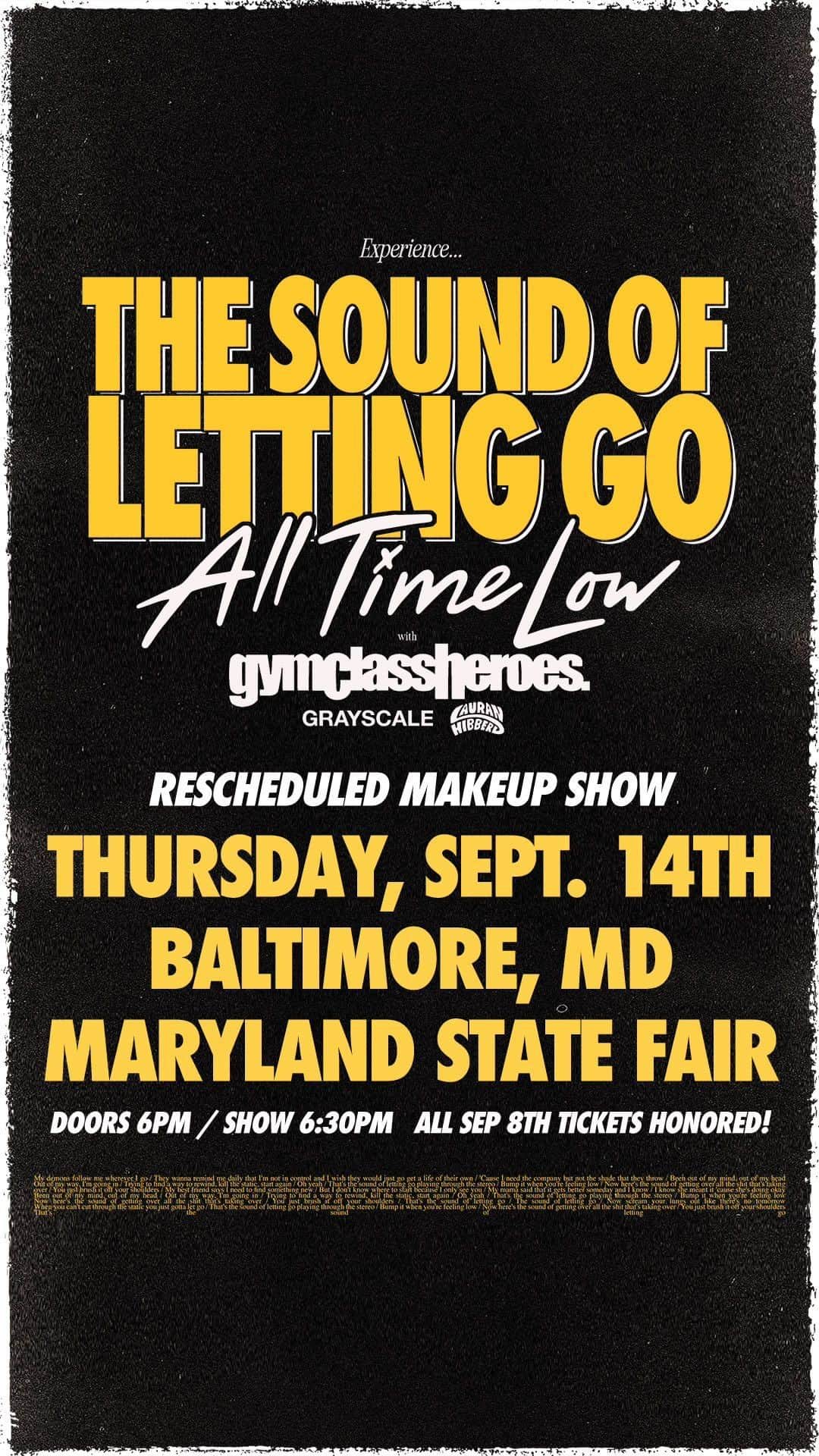 All Time Lowのインスタグラム：「Thanks so much for your patience and understanding after weather interrupted our party last night.  The good news is that we have rescheduled the show for this coming Thursday, Sept 14, at the same venue, Maryland State Fairgrounds.  All tickets will be honored, and we hope to see you again, and finish what we started.  Please look out for any further details in your email.」