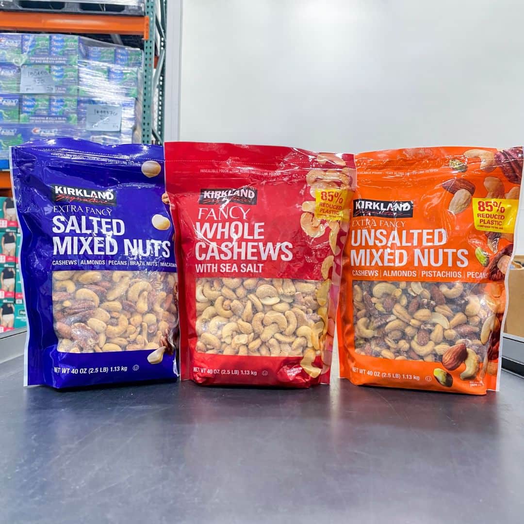 Costcoのインスタグラム：「Same product, new packaging! Find Kirkland Signature™ nuts in resealable pouches for freshness.」
