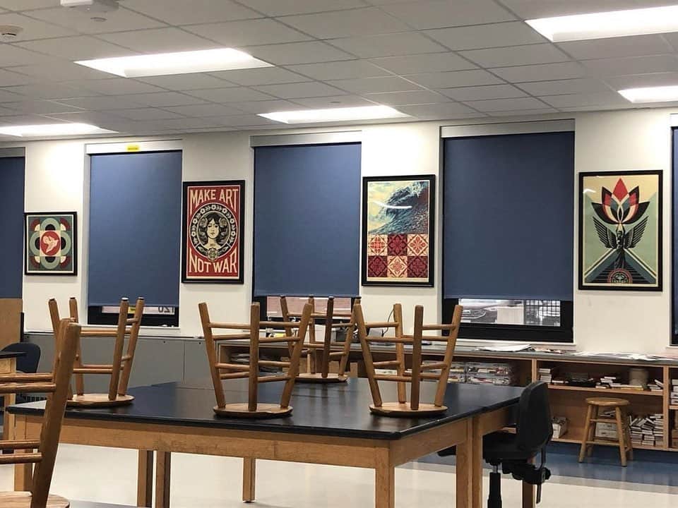 Shepard Faireyのインスタグラム：「It's awesome to see my art in classrooms. Thanks @bellgfx for the support and for sharing this with your students! If you've decked out your space with my artwork, please tag your photo with #OBEYwallart, and I'd love to check them out.⁠ –Shepard」