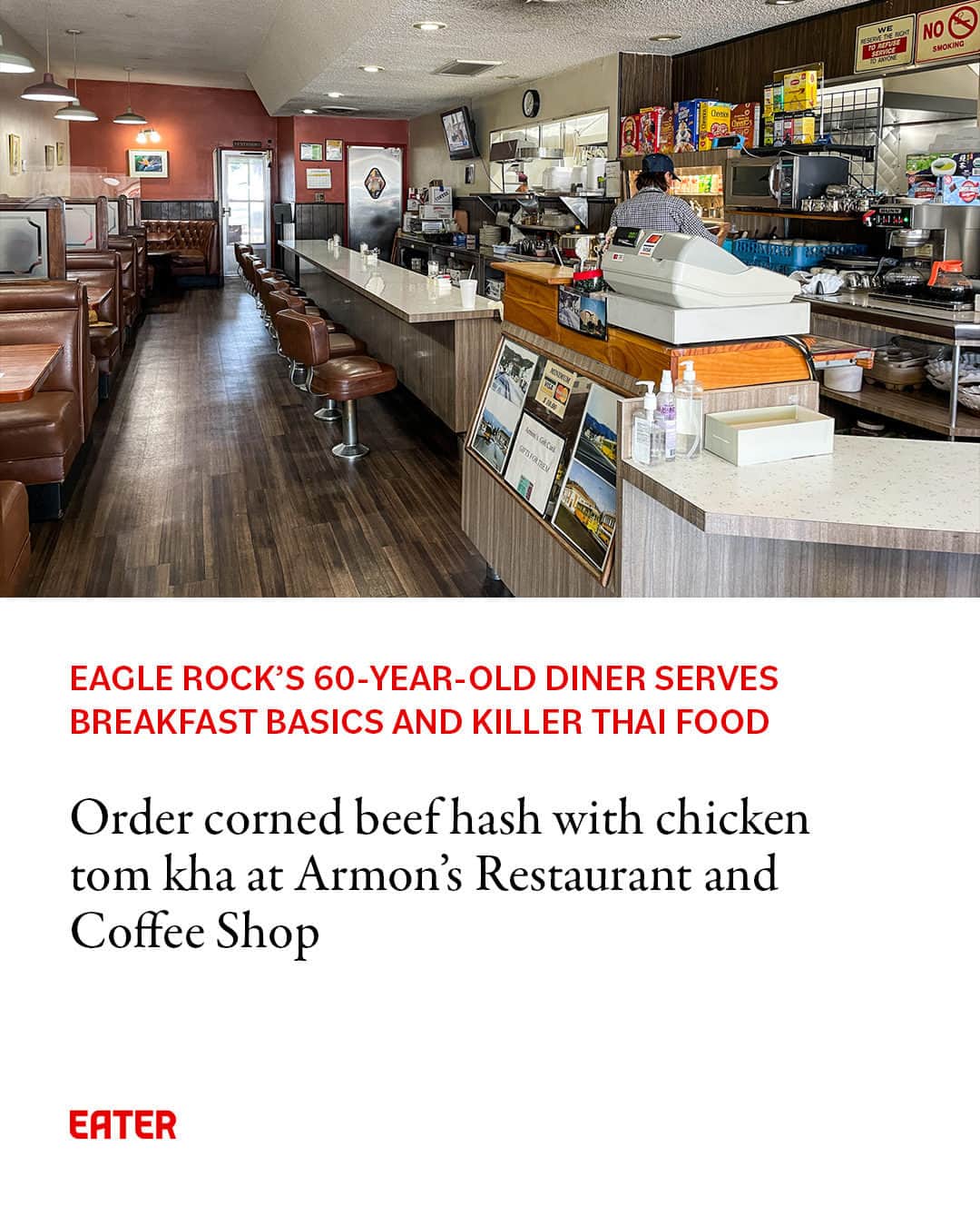 Eater LAのインスタグラム：「Expect the unexpected at Armon’s Restaurant and Coffee Shop. Physically unaltered since 1962, the Eagle Rock diner’s space boasts classic vintage motifs and a menu of no-fuss American classics with a welcome twist: a touch of familiar Thai and Chinese dishes.   When owner Pat Chinda took over the restaurant in 1996, the Glendale resident started adding her home recipes to existing offerings after catching curious looks from customers who saw her staff eating dishes like pork fried rice or tom yum during lunch breaks. Today, Armon’s is an inspiration for those in search of LA’s greasy spoons that reflect this culturally diverse neighborhood.  Read the full story from Lisa Kwon via the link in our bio.  📸: @lisaskwon」
