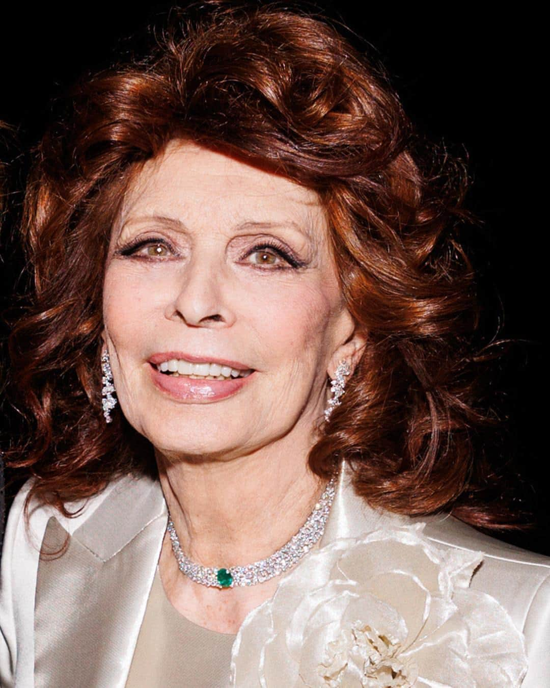 ダミアーニのインスタグラム：「Sophia Loren in Damiani.  The Italian diva par excellence wears a magnificent Damiani High Jewelry necklace paired with the elegant Damiani Mimosa earrings.  Credits: @germanlarkin   #DamianiMimosa #Damiani #Handmade #MadeinItaly #Venezia80 #FestivaldelCinemadiVenezia #VeniceFilmFestival #MostradelCinemadiVenezia #VeneziaFilmFestival」