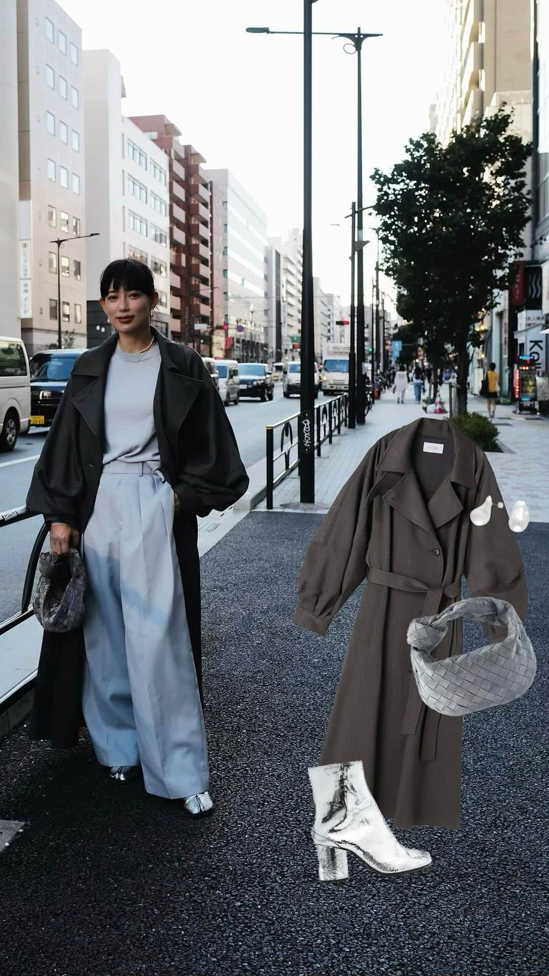 JUNNAのインスタグラム：「🩶✖️🩵コーデ  coat/ @etretokyo  bag/ @newbottega  pierce/ @magnoliawhite_jewelry  boots/ #maisonmargiela   #156cm#sサイズコーデ」