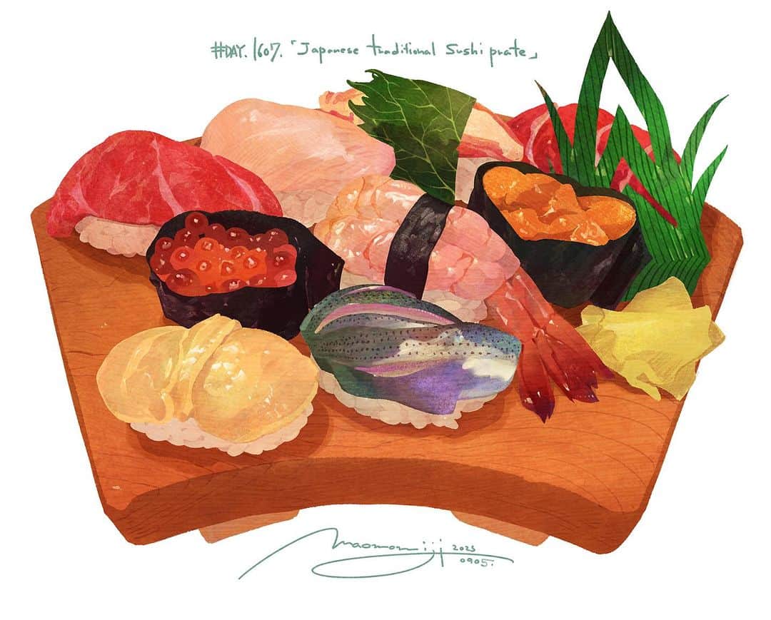 もみじ真魚のインスタグラム：「『#1607/「Japanese Traditional Sushi Plate(3)」』  もみじ真魚/MaoMomiji 2023年9月6日 00:00  ``Drawing sushi is exciting.'' Continue drawing and drawing sushi ingredients. I was able to draw the Kohada in a nice color, and I want to draw the other parts as well. I hope it ends tomorrow.  「お寿司を描くってワクワク」 引き続き、寿司ネタを描きこみ描きこみ。小肌がいい色で描けました他もじっくり描いていきたいです。明日で終わるといいなあ。  #日刊ごはんが好き #foodie #foodieart #dailyilovefood  #毎日更新 #foodillustration #fooddrawing #もみじ真魚 #maomomiji #飯テロ #美食 #sushi #寿司」