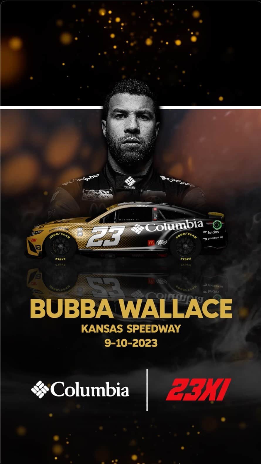 コロンビアのインスタグラム：「@BubbaWallace and @23xiracing look to bring the heat to Kansas Speedway this Sunday in the bold and gold Columbia Omni-HeatTM Infinity No. 23 Toyota Camry TRD.」
