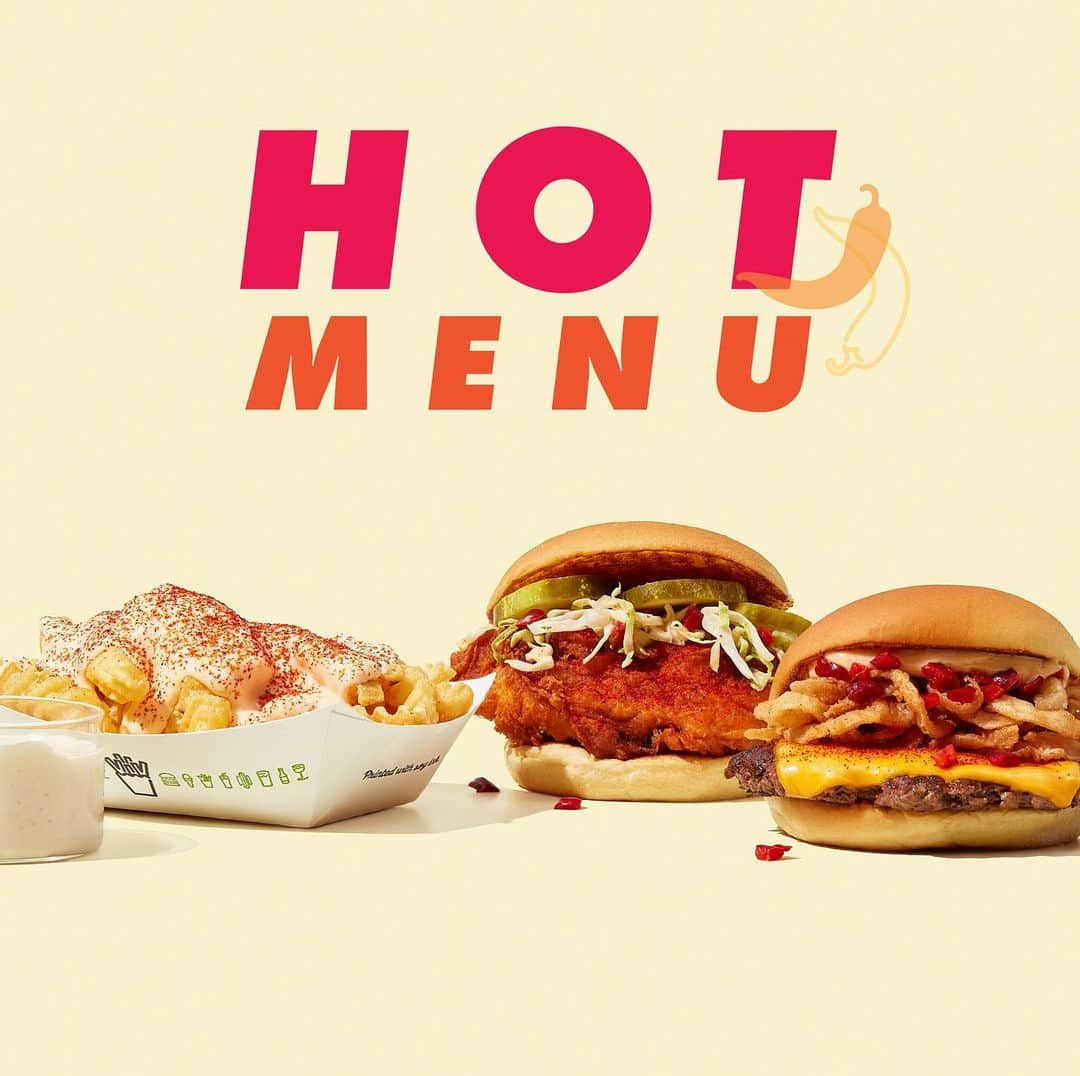 SHAKE SHACKのインスタグラム：「Holding on to that heat.🔥 Our new Hot Menu is here for a limited time! Get it now exclusively on the Shack App.   Hot Chicken  Crispy, white-meat chicken breast spiced with our own hot pepper blend, topped with pickles and Shack-made cherry pepper slaw.   Spicy Shackmeister Burger  100% Angus beef cheeseburger spiced with our own hot pepper blend, topped with crispy onions, chopped cherry peppers and ShackSauce.   Spicy Fries with Ranch Sauce  Crispy crinkle cut fries spiced with our own hot pepper blend, served with Shack ranch sauce.   Spicy Cheese Fries with Ranch Sauce  Crispy crinkle cut fries topped with cheese sauce and spiced with our own hot pepper blend, served with Shack ranch sauce.」