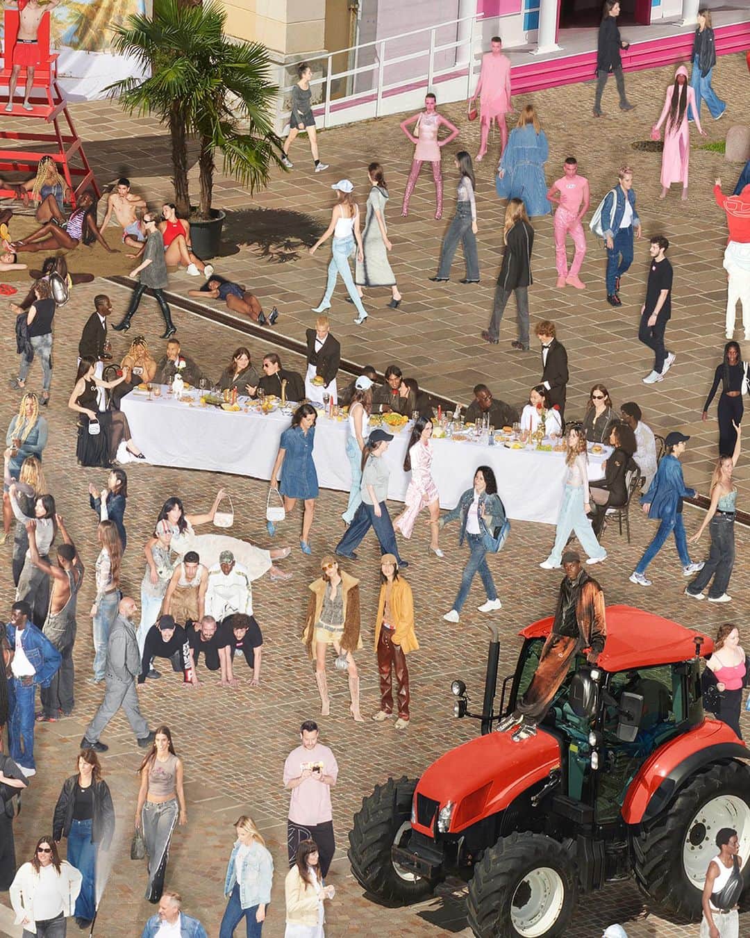 ディーゼルのインスタグラム：「Disciples of the D.   Find a seat at the last supper. Spot the DJ and his dancers in their Oval D. Who’s lounging on a tractor in his Track Denim?    “Find the D” is Diesel’s FW23 campaign. Inspired by children’s puzzle books, each image is packed with scenes and characters — all wearing the #DieselFW23 collection — for you to find.    Learn more at the link in bio.   #ForSuccessfulLiving」