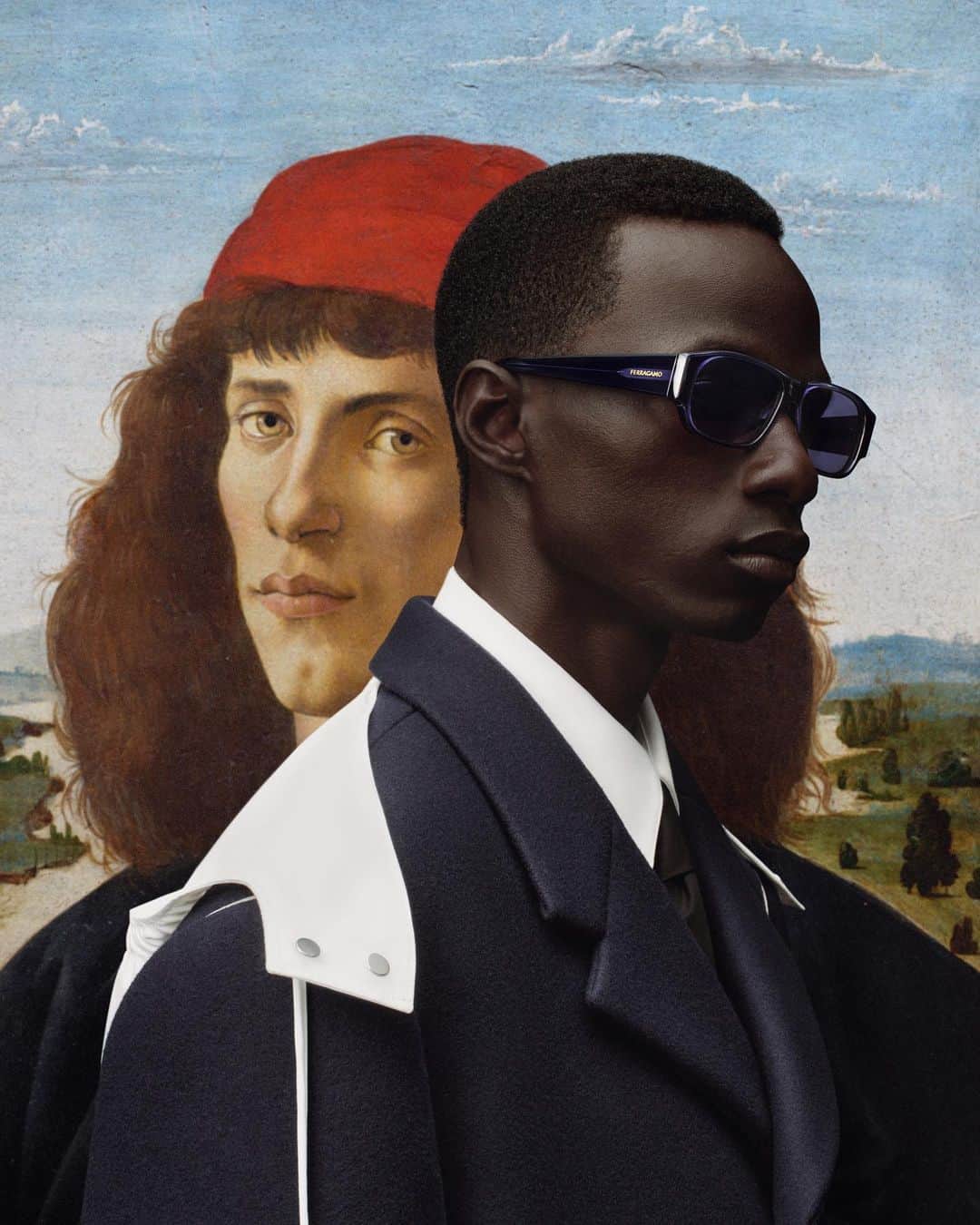サルヴァトーレ・フェラガモのインスタグラム：「#FerragamoFW23 @malickbodian seen on Botticelli 1475 lensed by @tylersphotos - Campaign Concept and Creative Direction @ferdinandoverderi By permission of the Ministry of Culture – Gallerie degli Uffizi. Discover #FerragamoNewRenaissance at the link in bio.」