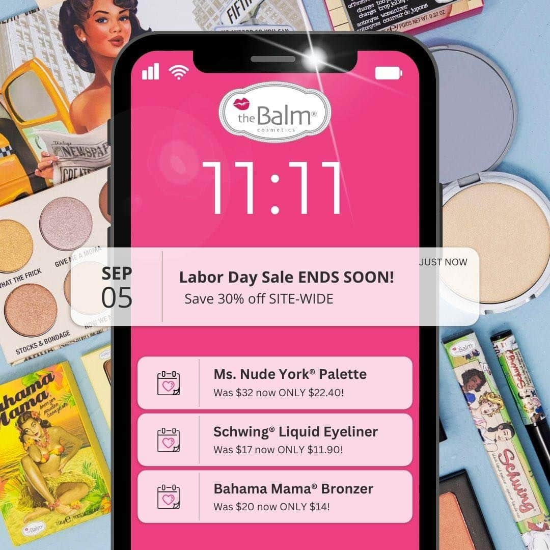 the Balmのインスタグラム：「🚨 Ready, set, SHOP! 30% off site-wide is LIVE and ENDING SOON. What’re you stocking up on? 👇👇  @thebalm #thebalm #labordaysale #laborday #beauty #beautysale」