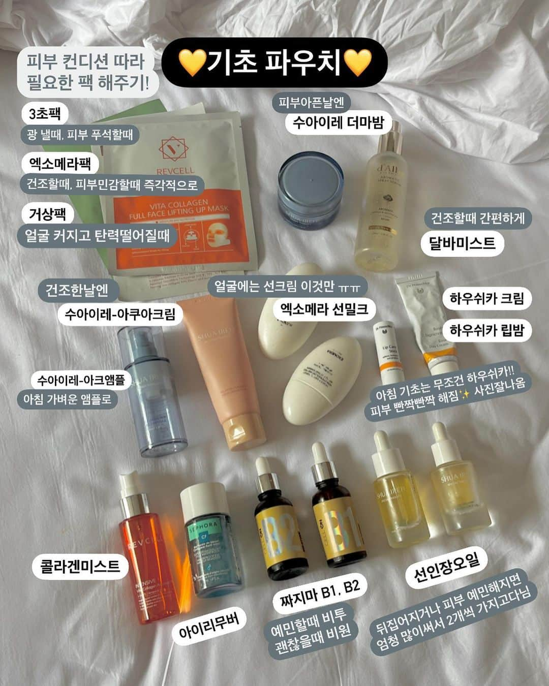 ハヌルさんのインスタグラム写真 - (ハヌルInstagram)「What’s in my pouch 👛 화장품뭐냐!! 머리 스타일링 뭐냐! 발리여행중에 질문이 너무 많아서 오늘 발리에서 짐 싸면서 찍어봤어용 ㅋㅋ 편집하는데 2시간 걸렸습니다^^...💗  저는 극 예민피부, 민감성 피부라 특히 해외에서 잘 뒤집어지때문에 뒤집어졌을때까지 생각해서 항상 짐싸요… 해외여행때마다 이정도는 기본으로 가지고 다녀요!  p성향 99% 이지만, 피부 뒤집어지는건 이후 몇달동안 너무 힘들기때문에 여행짐만큼은 꼼꼼히 챙깁니다!!  💗기내용 파우치  저는 메이크업 하고 촬영하고 비행기타는 경우가 많아서 클렌징부터 기초, 팩까지 다 챙겨서 타요!! 비행기 물로 씻다가 한번 크게 뒤집혀서 그 뒤론 클렌징티슈 사용하고있어요!!  🏷 화장솜, 아쿠아크림(수분크림),선크림, 립밤, 아이리무버, 늘씬자피, 거상팩, 아이팟, 미스트, 짜지마앰플, 선인장씨앗오일, 압박스타킹, 클렌징 티슈 지퍼백  💗욕실/헤어 파우치  제 헤어 세팅 방법 궁굼하신분들!! 요아이템으로 사용했어요 ㅎㅎ 따라하고 싶으신분들은 이거 준비해놓으시면 겟레디 찍어서 유튜브올릴게요!  🏷 헤어 세팅아이템 다이슨에어랩, 다이렉트고데기, 스프레이, 왕구루프  🏷 욕실템 비블리안 여행용 샴푸&트리트먼트, 클렌징밀크, 여성청결제, 다비네스 트리트먼트, 데오드란트, 여행용 샤워필터 바디용 선크림, 열보호 헤어 에센스  💗 기초파우치  우선 저는 뒤집어지지 않기가 최대목표이기 때문에 ㅋㅋ 진정 제품들 위주로 많이 챙겼어요  🏷 엑소메라팩, 3초팩, 거상팩, 더마밤, 미스트 아크앰플, 아쿠아크림, 선크림, 립밤, 하우쉬카크림 콜라겐미스트, 아이리무버, 짜지마 B1 / B2, 선인장씨앗오일 2개  맨날 하마씨가 무슨 이사가냐고 놀라는 여행짐ㅋㅋ 이렇게 가지고 다닌뒤로 피부 뒤집어진적 정말 손에 꼽아요 ㅎㅎㅎ  사실 제가 여행때마다 보고 짐쌀라고 써보는피드 ㅋㅋㅋ 하리보도 참고해서 짐 싸보시고!! 행복한 여행 하세요!!  #하늘이의여행뿌셔☁️ #whatsinmybag」9月6日 16時01分 - haneulina