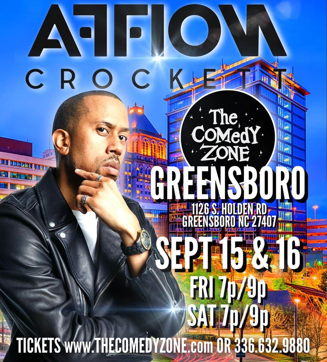 アフィオン・クロケットのインスタグラム：「GREENSBORO NC‼️ I’ll be back home at the COMEDY ZONE SEPT 15 & 16‼️ PULL UP‼️ www.THECOMEDYZONE.com or 336-632-9880 🎟️🎟️🎟️」