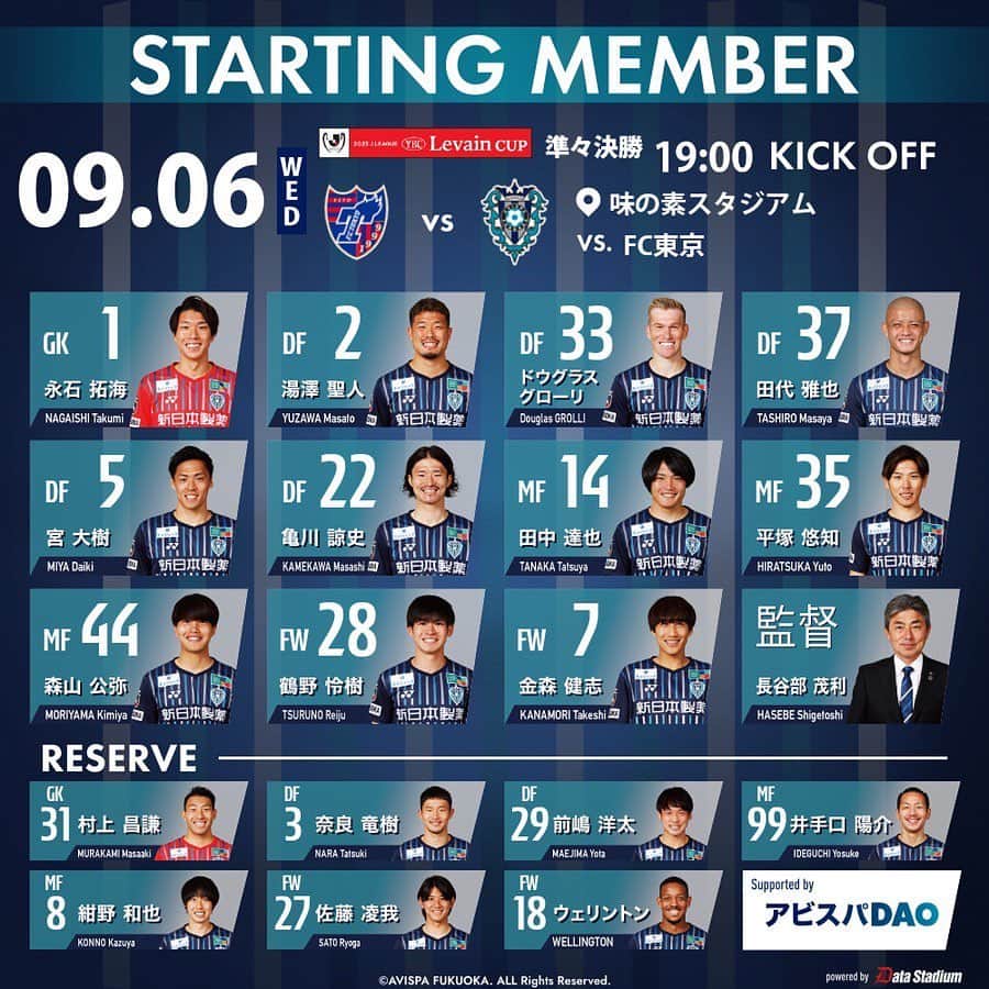 アビスパ福岡のインスタグラム：「🏆JリーグYBCルヴァンカッププライムステージ準々決勝第1戦🏆 #FC東京 🆚 #アビスパ福岡 ⏰19:00KO 🏟#味スタ  本日のメンバーが発表されました🐝 熱い応援をよろしくお願いします‼️  #avispa」