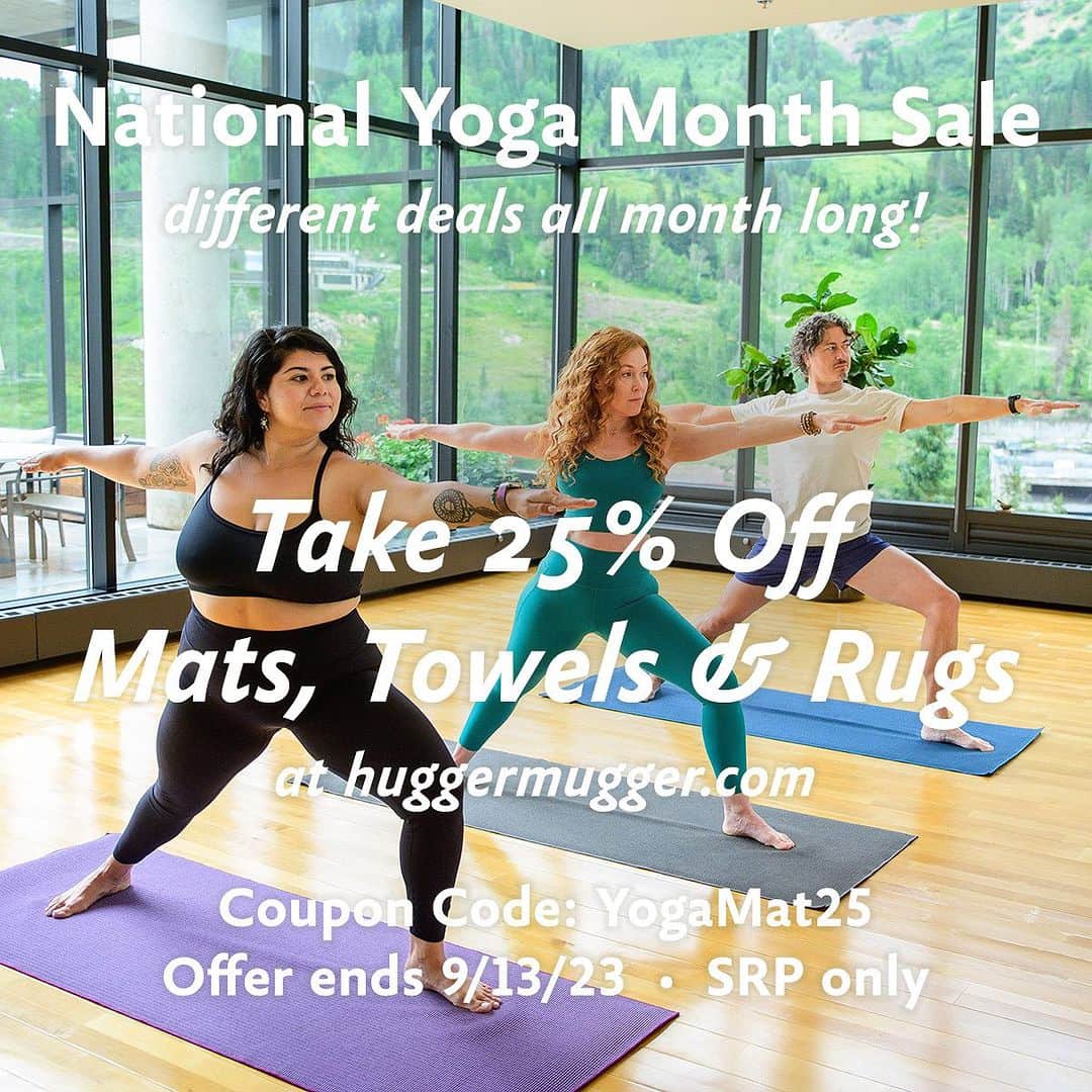 ハガーマガーのインスタグラム：「Take 25% off all yoga mats, towels, and rugs at huggermugger.com. Offer ends September 13, 2023. SRP only. Coupon Code: YogaMat25   To Celebrate National Yoga Month, we are offering 25% off various yoga products throughout September. Be sure to keep an eye out for different offers each week.」