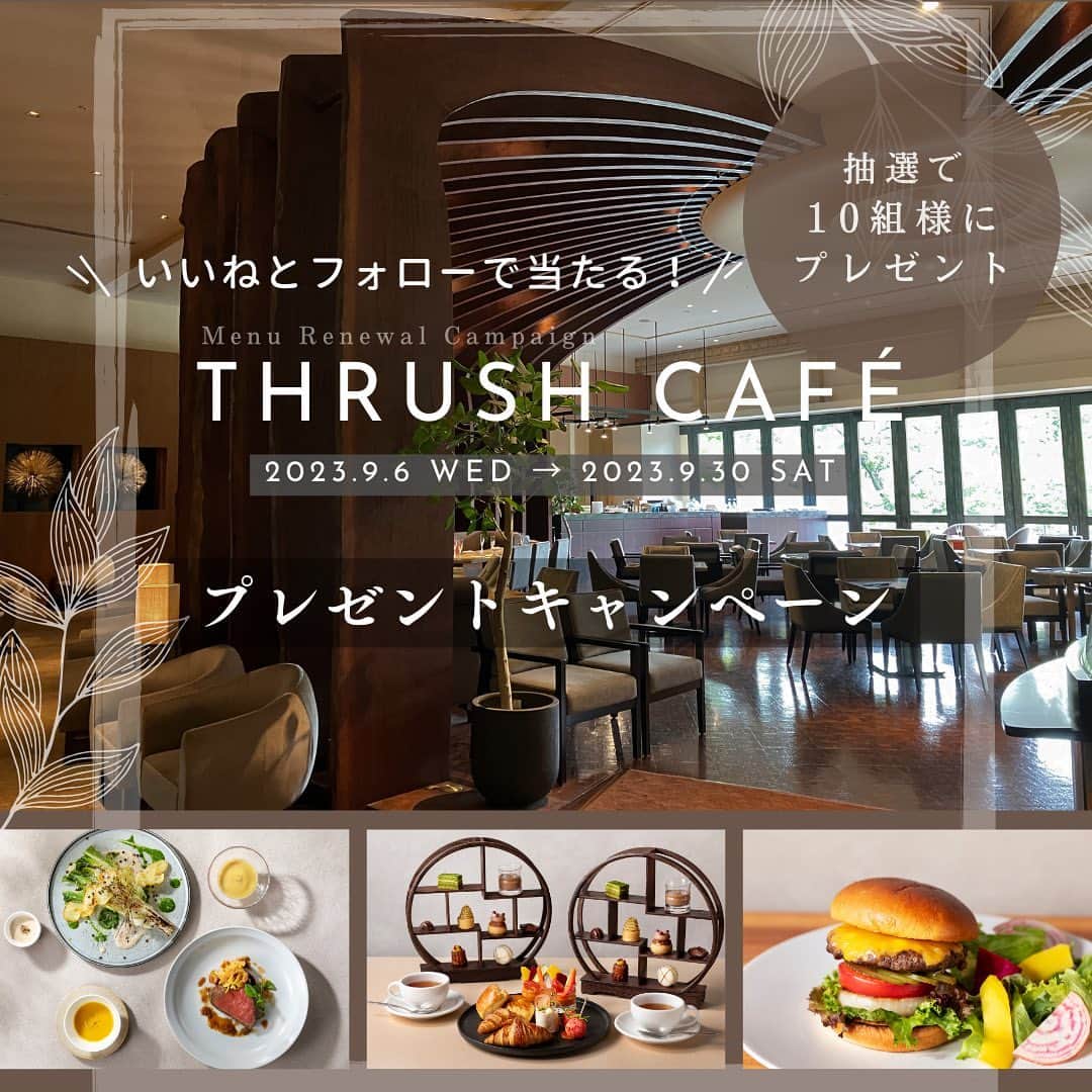 八芳園のインスタグラム：「Thrush Café メニューリニューアル記念キャンペーン🕊✨  ／ 八芳園のレストラン「Thrush Café」では、 9月1日よりメニューをリニューアル🍴 ご招待チケットを抽選で【10組様】にプレゼント💐✨ ＼  ==========  🍴応募条件   1.公式アカウント @happoen と @thrush_cafe をフォロー！  2.こちらの投稿に「いいね」をつけてください。  「Thrush Café」や「八芳園」での思い出やエピソードを コメントしていただくと、当選の確率があがります✒️  ==========  🍴応募期間  2023/9/6(水)〜 2023/9/30(土) 23:59まで  ==========  🍴プレゼント内容  ・「プリフィックスコース 」1組2名様 ・「アフタヌーンティー」1組2名様 ・「スラッシュカフェハンバーガー 農園サラダ添え」3組6名様 ・「ケーキセット」5組10名様  ==========  季節と共に変わっていく庭園を眺めながら、 新鮮な野菜を使ったお料理を味わう。  「Farm to Table」がコンセプトの、 八芳園のレストラン「Thrush Café」。  この度、9月1日よりメニューをリニューアル💐  豊富なアラカルトと、 メイン4種より選べるコースが登場しました🍽✨  メニューリニューアル記念と日頃の感謝の想いを込めて、 「Thrush Café」のご招待チケットプレゼントキャンペーンを開催いたします。  皆さまのご応募を、心よりお待ちしております🕊✨  ==========  ▼ご当選について ・ご応募は日本国内在住の方に限らせていただきます。 ・当選された方には2023年10月下旬頃までにDMにてご連絡いたします。 ・当選のDMを受け取れますよう、アカウントを「公開」にご設定ください。 ・期限内にDMにご返信いただけない場合は、当選は無効とさせていただきます。 ・賞品写真はイメージです。 ・賞品は店舗の状況などにより変更する場合がございますのでご了承ください。 ・本アカウントを装った偽アカウント等には十分にお気をつけください。  八芳園公式アカウント（@happoen）以外から  本キャンペーンのご連絡をすることはありません。  ==========  #八芳園 #happoen #スラッシュカフェ #thrushcafe #レストラン #おしゃれカフェ #カフェ好きな人と繋がりたい #アフタヌーンティー #ヌン活 #グルメ #グルメ好きな人と繋がりたい #ハンバーガー #コース料理 #カフェ巡り #プレゼントキャンペーン #プレゼント企画 #プレゼント企画開催中 #プレゼント #キャンペーン #プレゼントキャンペーン中 #フォローいいねキャンペーン #インスタキャンペーン #キャンペーン実施中」