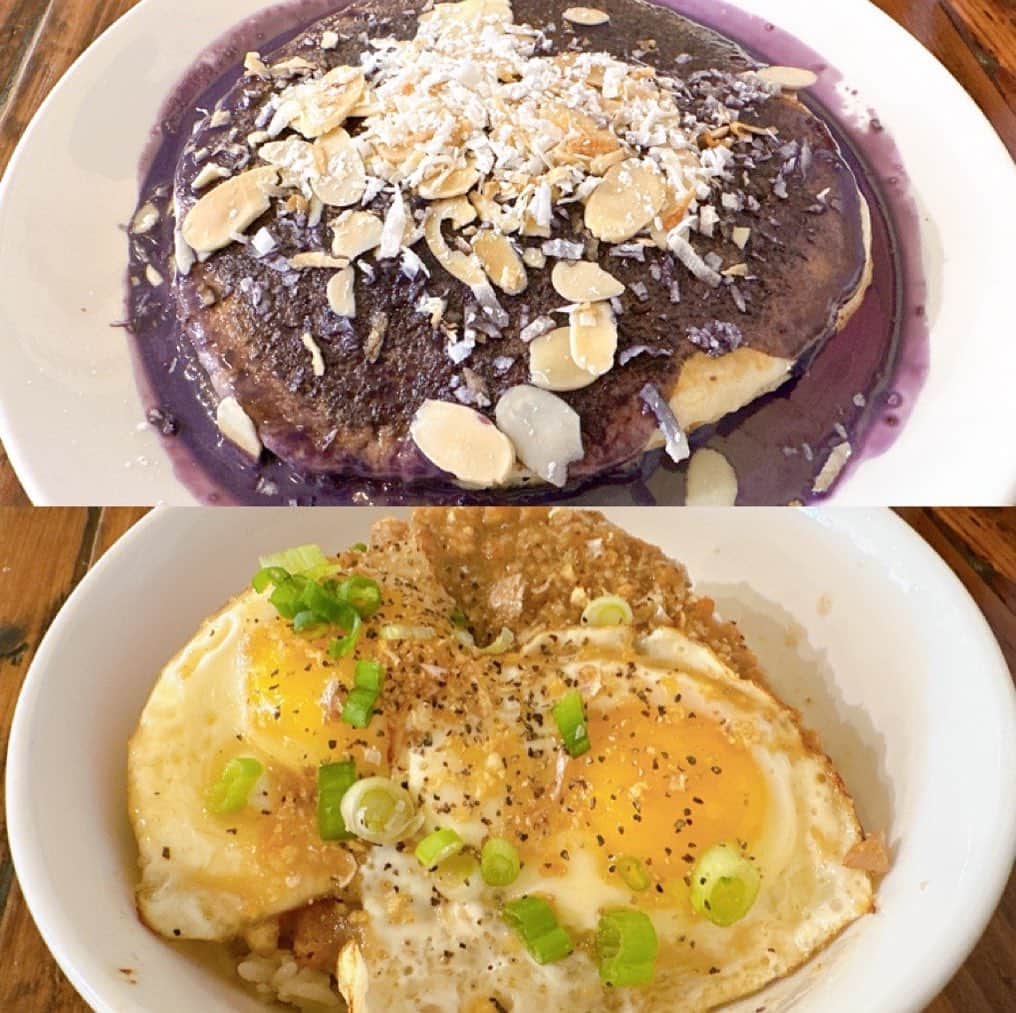 桃瀬えりなのインスタグラム：「UBEパンケーキとロコモコ🥞💕 美味しかった🥰  #anaheim #trip #cafe #lolasbymfk #gourmet #follow #followme #アナハイム #旅行 #グルメ #カフェ」
