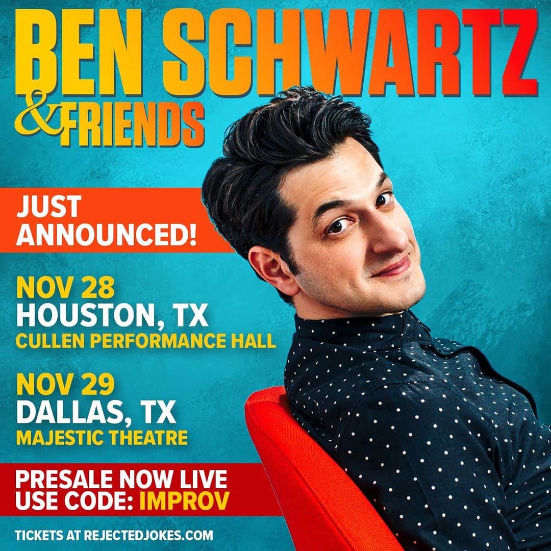 ベン・シュワルツのインスタグラム：「🚨HOUSTON! DALLAS!🚨 Ben Schwartz & Friends is coming to your cities in November! Tickets JUST WENT ON ARTIST PRE-SALE. Use the password IMPROV. Links in my instastories or on rejectedjokes.com/tour 11/28- Houston- Cullen Performance Hall 11/29- Dallas- Majestic Theatre」
