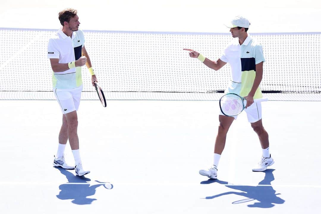 ピエール＝ユーグ・エルベールのインスタグラム：「Never easy to play against a friend @albano_olivetti . One year ago he was singing at my wedding 🎤 💒 and making me a huge surprise. This time we were battling hard on the court. Well done for your tournament guys @albano_olivetti @robcgalloway 👏🏽 No off to semis with @nicomahut 💪🏽 @usopen」