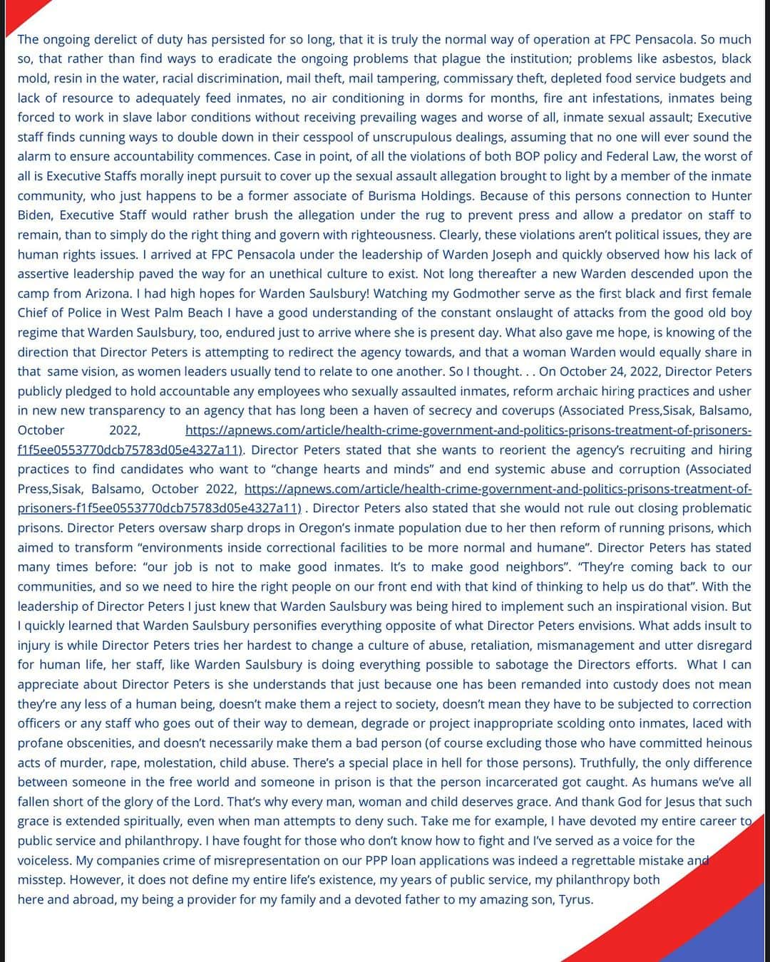 トッド・クリスリーさんのインスタグラム写真 - (トッド・クリスリーInstagram)「Our Federal System is broken… please take time to read this letter from a man that is incarcerated with me. He is the Chairman of The Black Republican Caucus of Florida.  ••• WHEN will the BOP be held accountable? As the week continues we continue to receive new updates from family members of inmates as well as staff members that currently work at both facilities, we are so thankful for the people that are willing to stand up and help us make change! The Federal Prison Camp in Pensacola NEEDS to be investigated!! Sexual Assault, corruption, inhumane conditions are just some of the problems plaguing Federal prison camp Pensacola. Congress MUST investigate immediately. These are conditions are not acceptable for ANYONE!! We will not stop until change is made! This could be you or one of your loved ones! #sexualassault #abuseofpower #UnitedStatesGovernment #racism •••• @OfficialFBOP Federal prison camp Pensacola. @SeanPJackson1 of @BRCFLA urges Congress @JudiciaryGOP @HouseJudiciary @JudiciaryDems @SenJudiciaryGOP @HSGAC @HAGAC_GOP @ChuckGrassley @DickDurbin @SenOssoff @DickBlumenthal @RonJohnsonWI to #investigate immediately! @tuckercarlsontonight @foxnews @cnn  ••• This post was posted by Todd Chrisleys team.」9月7日 1時15分 - toddchrisley