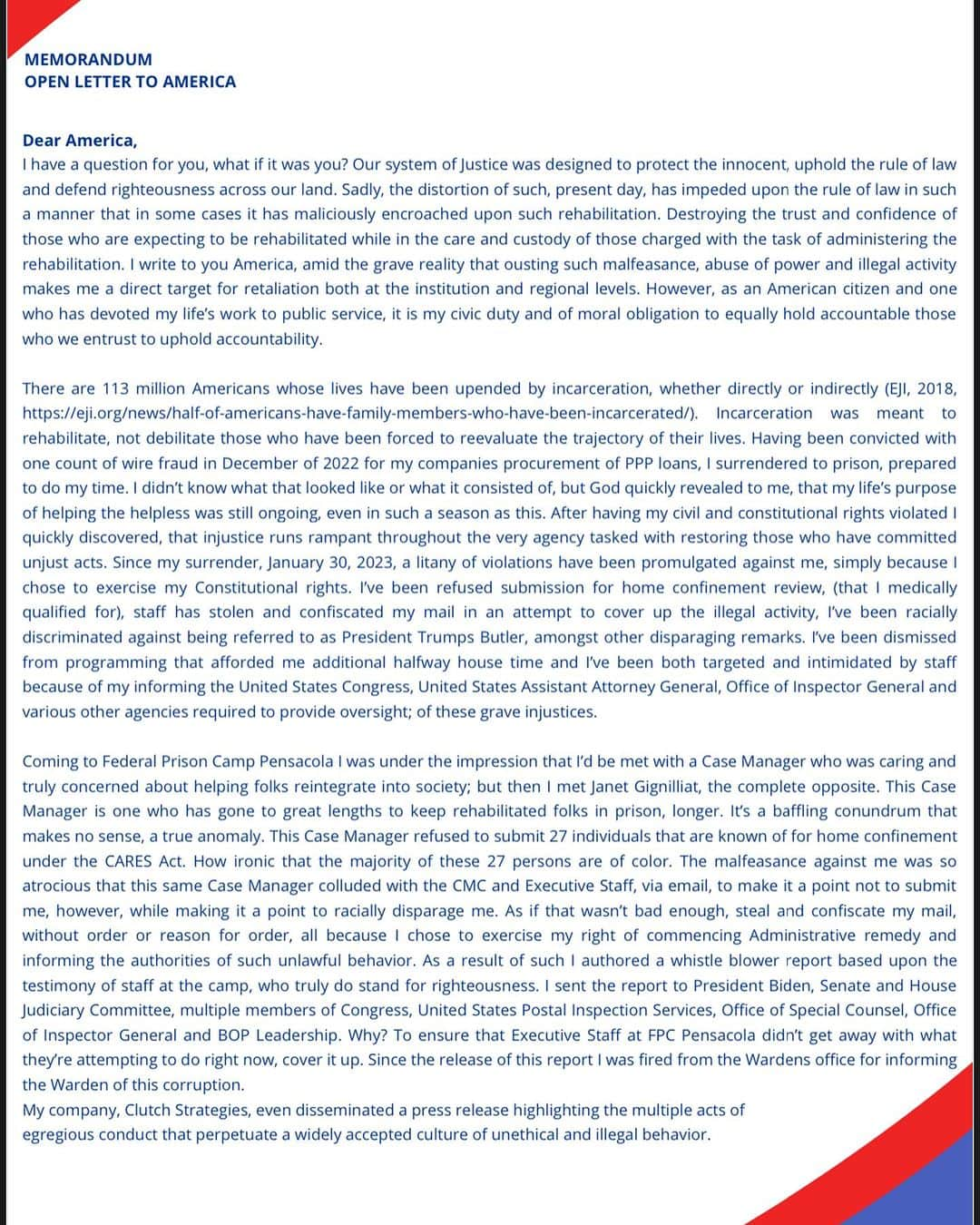 トッド・クリスリーのインスタグラム：「Our Federal System is broken… please take time to read this letter from a man that is incarcerated with me. He is the Chairman of The Black Republican Caucus of Florida.  ••• WHEN will the BOP be held accountable? As the week continues we continue to receive new updates from family members of inmates as well as staff members that currently work at both facilities, we are so thankful for the people that are willing to stand up and help us make change! The Federal Prison Camp in Pensacola NEEDS to be investigated!! Sexual Assault, corruption, inhumane conditions are just some of the problems plaguing Federal prison camp Pensacola. Congress MUST investigate immediately. These are conditions are not acceptable for ANYONE!! We will not stop until change is made! This could be you or one of your loved ones! #sexualassault #abuseofpower #UnitedStatesGovernment #racism •••• @OfficialFBOP Federal prison camp Pensacola. @SeanPJackson1 of @BRCFLA urges Congress @JudiciaryGOP @HouseJudiciary @JudiciaryDems @SenJudiciaryGOP @HSGAC @HAGAC_GOP @ChuckGrassley @DickDurbin @SenOssoff @DickBlumenthal @RonJohnsonWI to #investigate immediately! @tuckercarlsontonight @foxnews @cnn  ••• This post was posted by Todd Chrisleys team.」