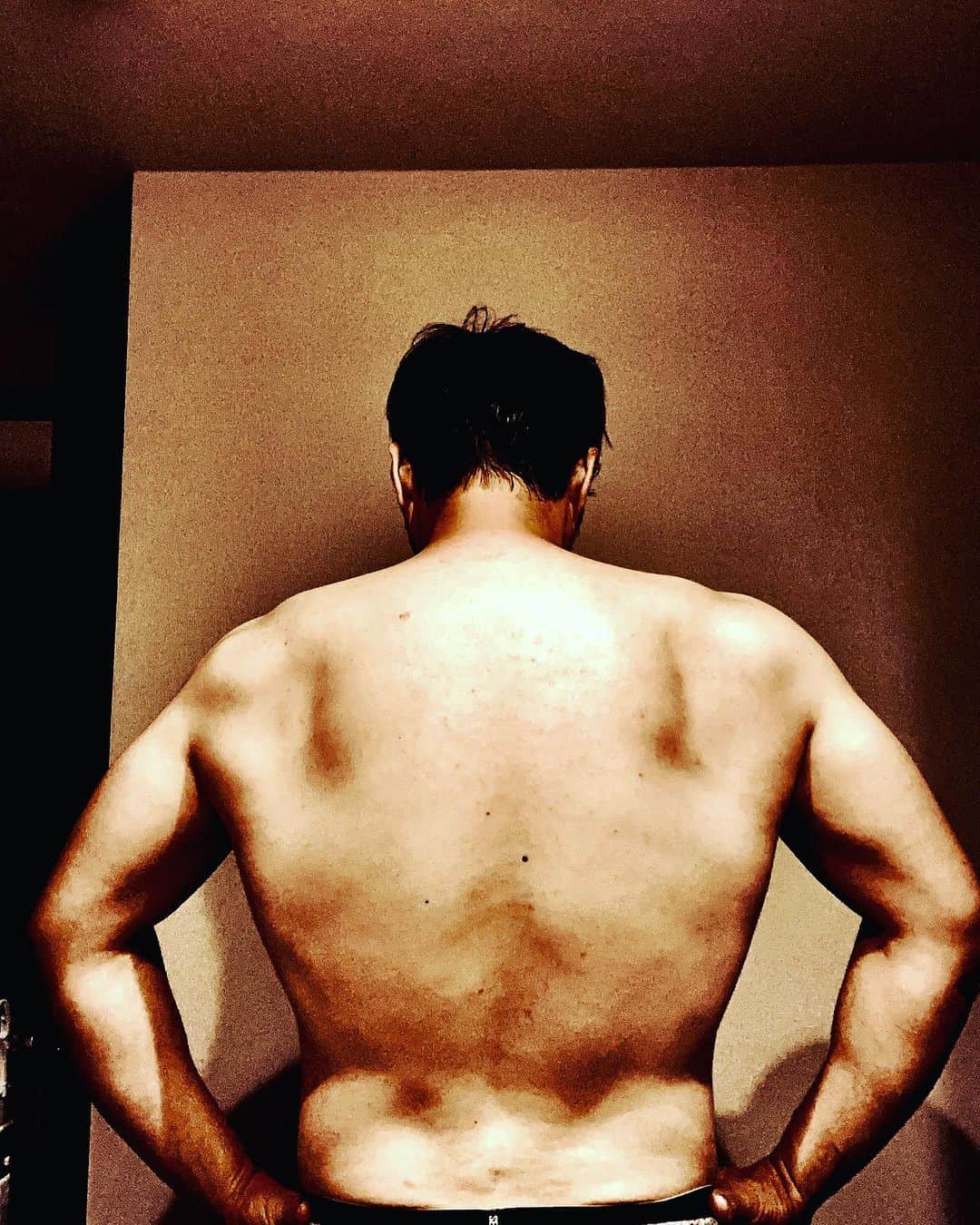 藤原一裕のインスタグラム：「背中、育ってきた。むふふ。  #むっつり #筋トレ」