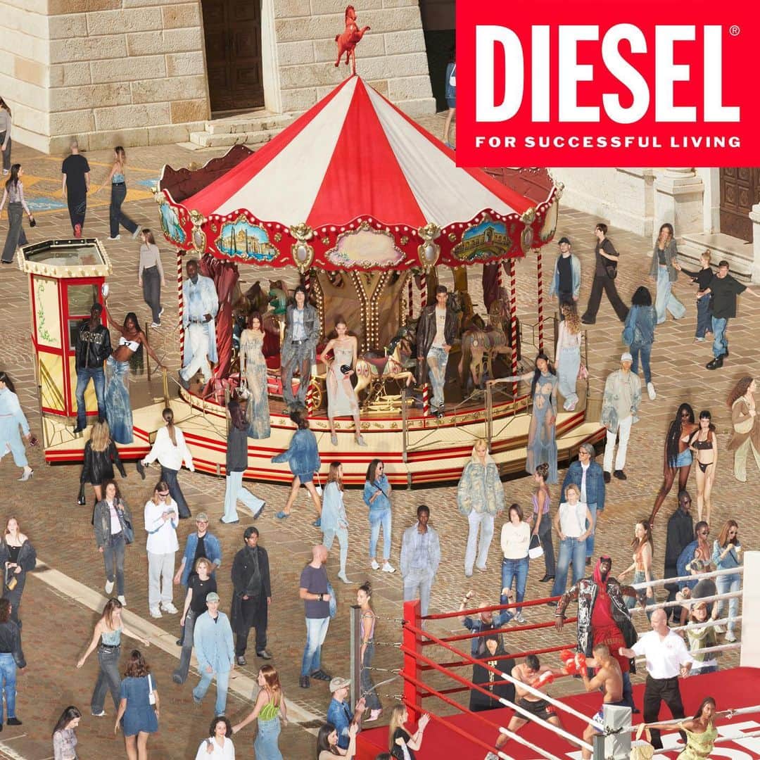 ディーゼルのインスタグラム：「Ride the pony.  Take a ride on the Diesel carousel, but one of many attractions in “Find the D” campaign. An irreverent, adults only take on children's puzzle books stocked with characters in densely packed scenes, the images were conceived by Creative Director @glennmartens, Art Director Christopher Simmonds and Photographer @johnnydufort.  Shot in Breganze, Italy, Diesel's homebase, the models are Diesel staff members wearing looks from the #DieselFW23 collection.   Styling: @ursinagysi  Discover more at the link in bio.  #ForSuccessfulLiving」
