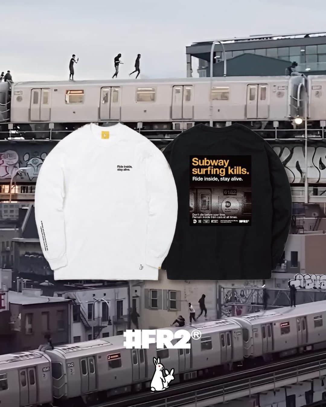 #FR2さんのインスタグラム写真 - (#FR2Instagram)「So ridiculous and pathetic to lose lives for the sake of getting some attention on social media. Subway surfing kills your lives. Ride inside the car and stay alive.  ”Subway surfing kills Tee”  Pre-order Now.  We ship worldwide.  #FR2#fxxkingrabbits#頭狂色情兎」9月6日 20時40分 - fxxkingrabbits