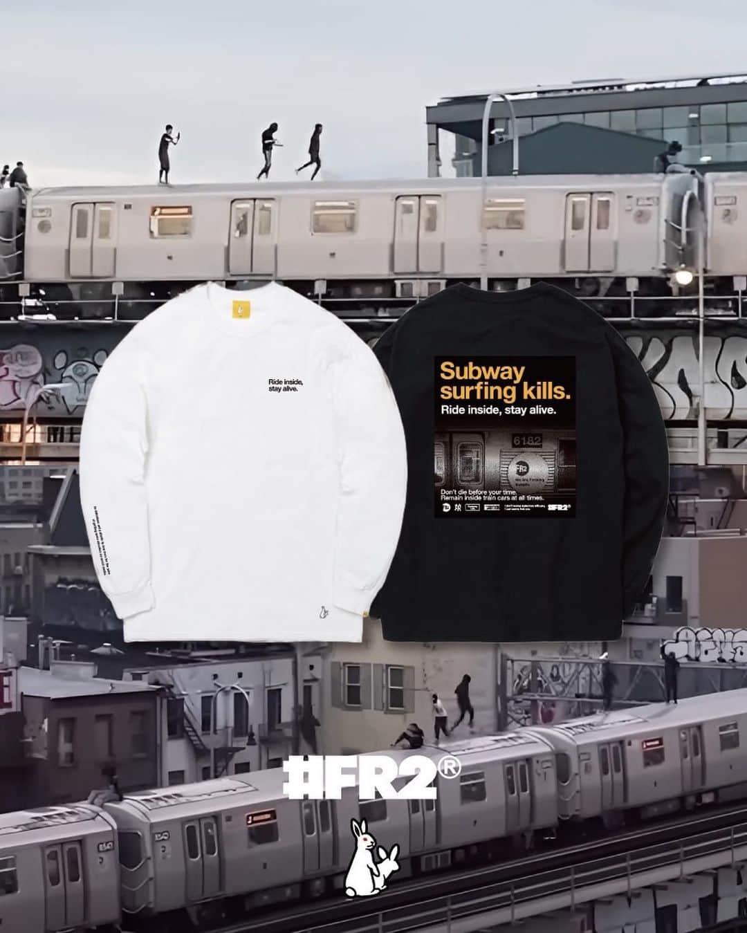 のインスタグラム：「So ridiculous and pathetic to lose lives for the sake of getting some attention on social media. Subway surfing kills your lives. Ride inside the car and stay alive.  ”Subway surfing kills Tee”  Pre-order Now.  We ship worldwide.  #FR2#fxxkingrabbits#頭狂色情兎」