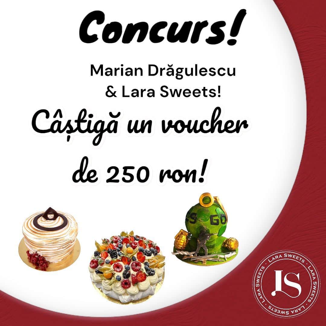 マリアン・ドラグレスクのインスタグラム：「Salutare! Ne-am gândit împreună cu @mariandragulescu să vă oferim un voucher cadou în valoare de 250 ron!   ✨Ce trebuie să faci ca sa te înscrii? • Urmărește @larasweets.ro & @mariandragulescu ! • Distribuie poza cu concursul la story cu tag @larasweets.ro & @mariandragulescu ! • Apreciază postarea! • Adaugă în comentarii 3 prieteni cu care ai dori sa împarți tortul! (Fiecare comentariu este o șansă în plus)  EXTRAGEREA  • Se va face Live pe Instagram pe data de 13.09.2023 Succes!」