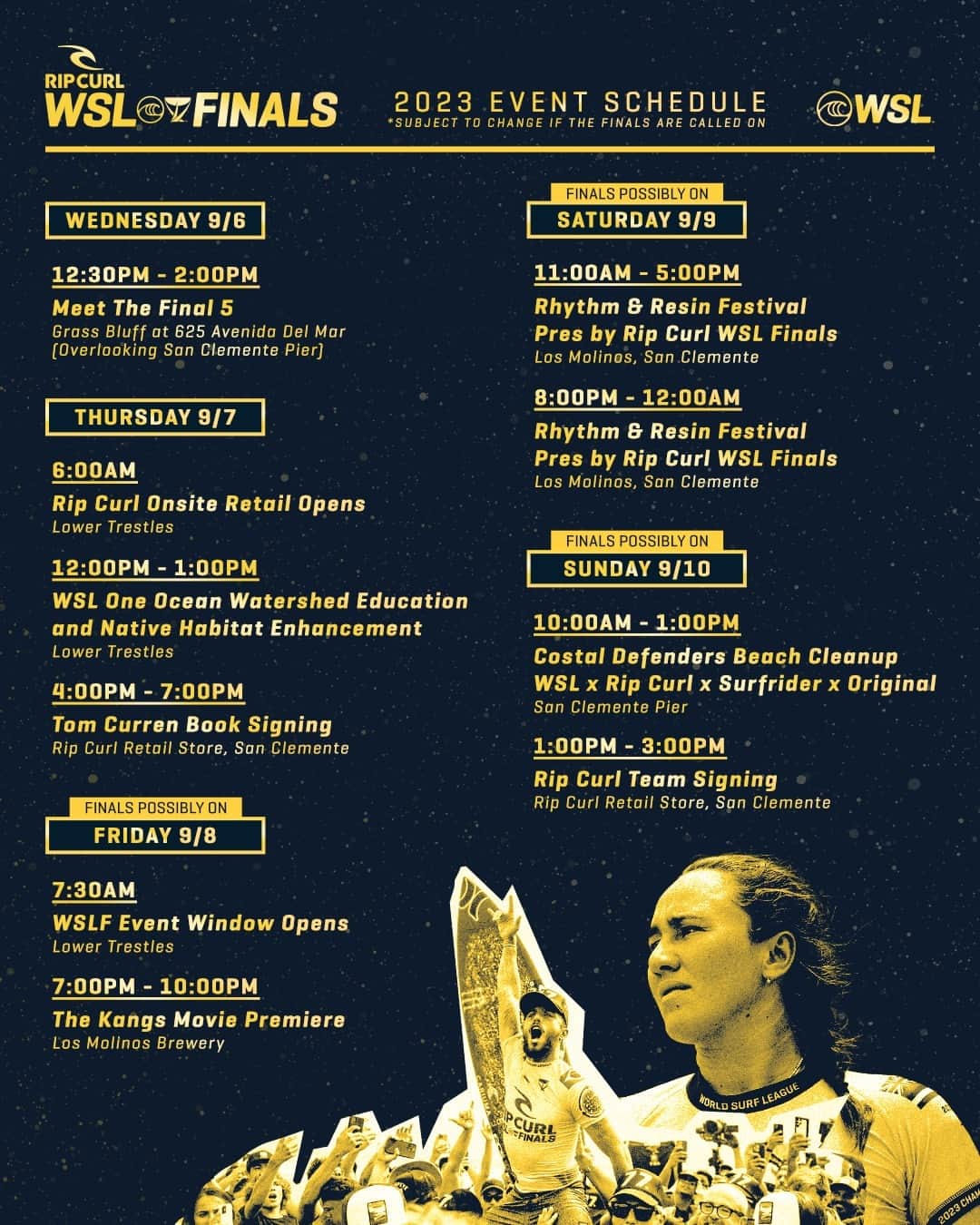 世界プロサーフィン連盟（WSL）のインスタグラム：「With 48 hours until the #RipCurlWSLFinals, there will be plenty of action in and out of the water for those in the San Clemente area!⁣ ⁣ @ripcurl」