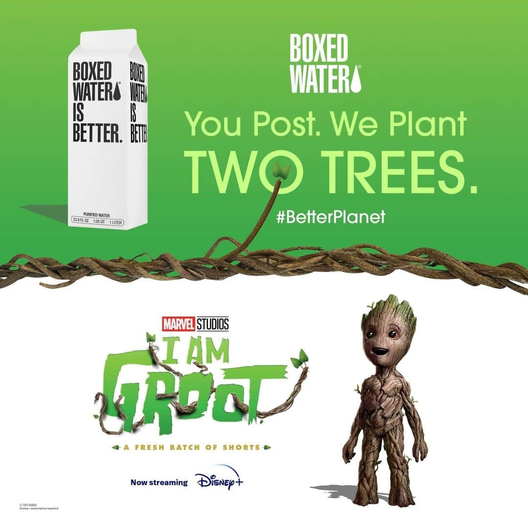 Marvel Entertainmentさんのインスタグラム写真 - (Marvel EntertainmentInstagram)「Channel your inner Groot and help plant trees! Post a photo with your @boxedwater carton and #BetterPlanet to plant two trees. Visit boxedwaterisbetter.com/pages/i-am-groot for a chance to win a prize pack. Don't forget to catch Marvel Studios’ #IAmGroot Season 2, a fresh batch of Original shorts, now streaming on @DisneyPlus. #ad」9月6日 23時00分 - marvel