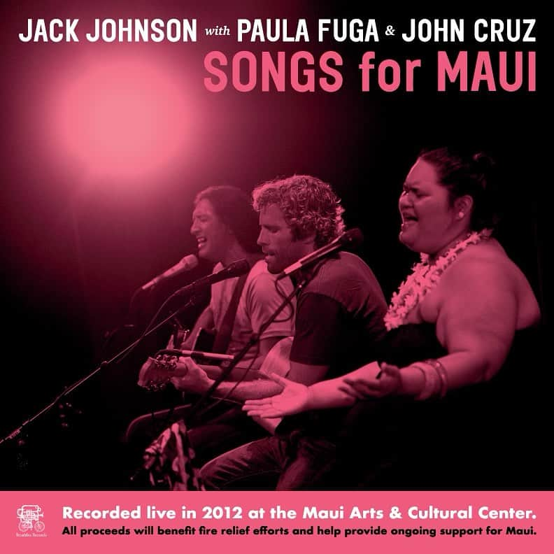 ジャック・ジョンソンのインスタグラム：「“All our love is going to our friends and family on Maui right now. As we began to brainstorm ways we could support the community, we found tracks from an acoustic show from 2012 that Paula, John and I played at the MACC on Maui. While listening to the songs we thought back to the time we spent that spring, both on stage but also bonding with our Maui ‘ohana. We know it will be a long road ahead. We hope the positive energy from this show can carry on to help raise funds and support families in need. Aloha, Jack”  The benefit album, ‘Songs For Maui’, will be available September 15th and features live tracks by Jack, @pfunklove and @johncruzmusic recorded at the Maui Arts and Cultural Center’s Castle Theater during Jack’s 2012 Hawaiian Islands tour.   Additionally, on September 18th, Jack, Paula and John (along with Jack's band) will perform a benefit concert at The Republik in Honolulu. Tickets for this special show will go on sale this Friday, September 8th at 10am HST at the link in bio.   All proceeds from the Songs For Maui album and The Republik show will benefit fire relief efforts and help provide ongoing support for Maui.  #SongsForMaui - Cover photo by K. Johnson,  Cover art by @jcanham」